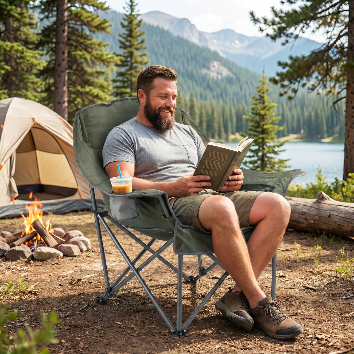 Folding Oversized Camping Chair with Side Pockets and Cup Holder - Energize Trek