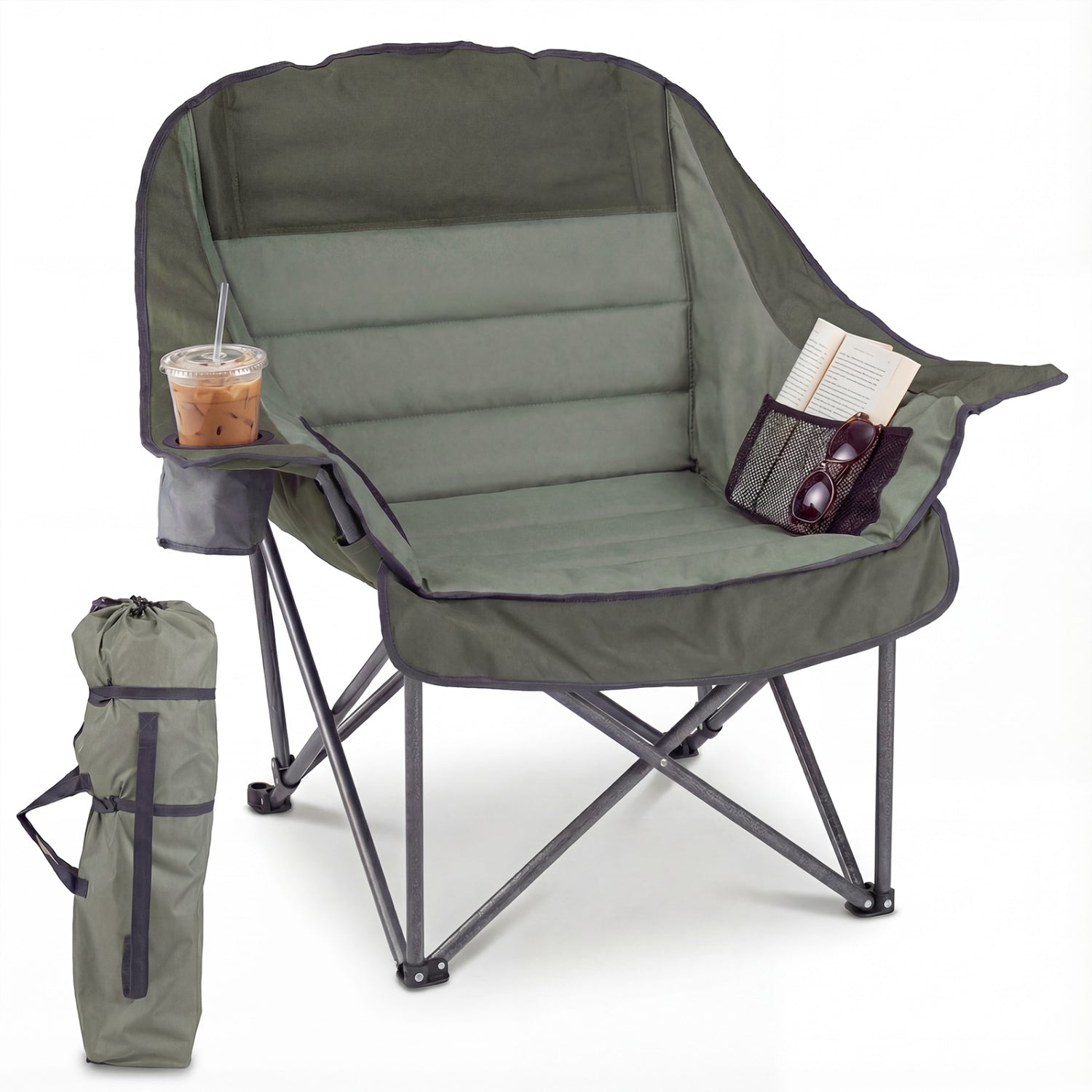 Folding Oversized Camping Chair with Side Pockets and Cup Holder - Energize Trek