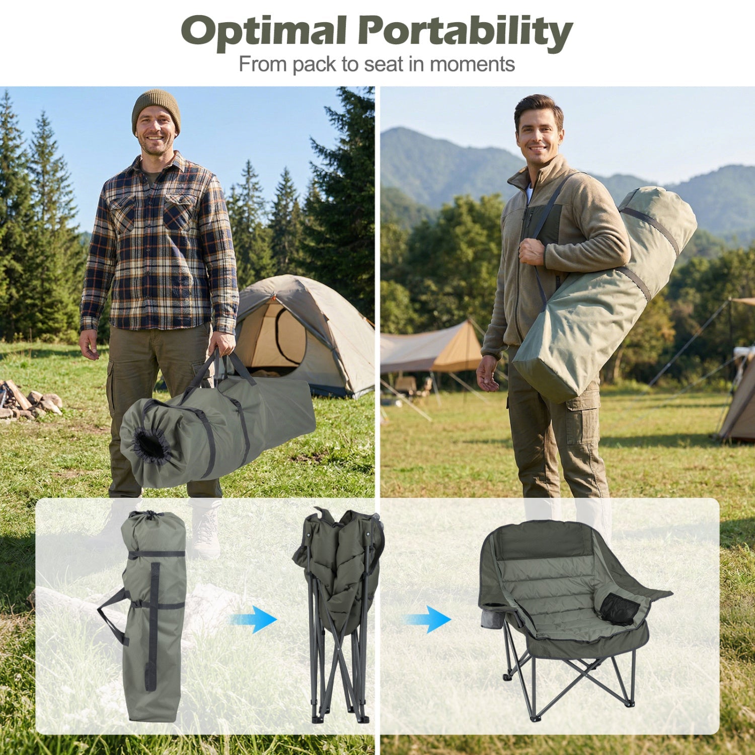 Folding Oversized Camping Chair with Side Pockets and Cup Holder - Energize Trek