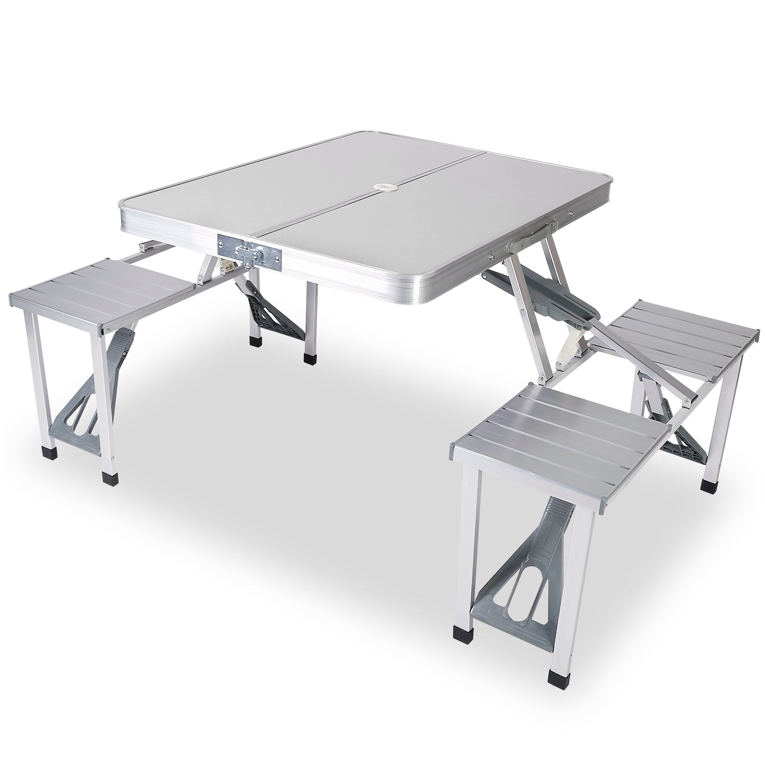 Folding Picnic Table w/ 4 Seats Umbrella Hole 33.7x26.4in Portable Aluminum Table Total 859LBS Weight Capacity for Camping Barbeque Outdoor - Energize Trek