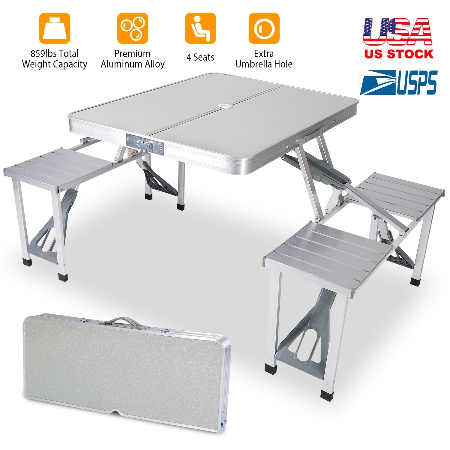 Folding Picnic Table w/ 4 Seats Umbrella Hole 33.7x26.4in Portable Aluminum Table Total 859LBS Weight Capacity for Camping Barbeque Outdoor - Energize Trek