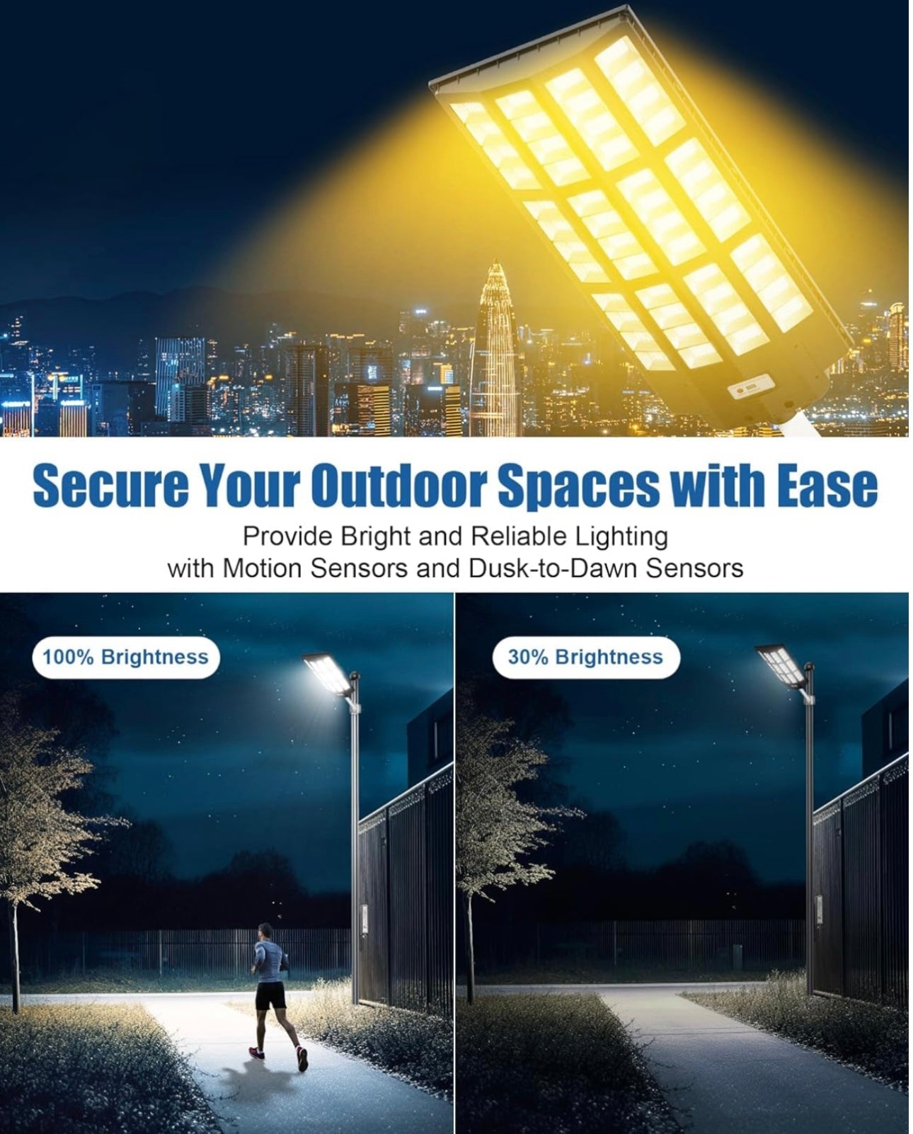 9000W Solar Street Light - Tri-Color 3000K/4000K/6500K Dimmable Solar Motion Sensor Light Outdoor, IP66 Waterproof Solar Dusk to Dawn Lights - Energize Trek
