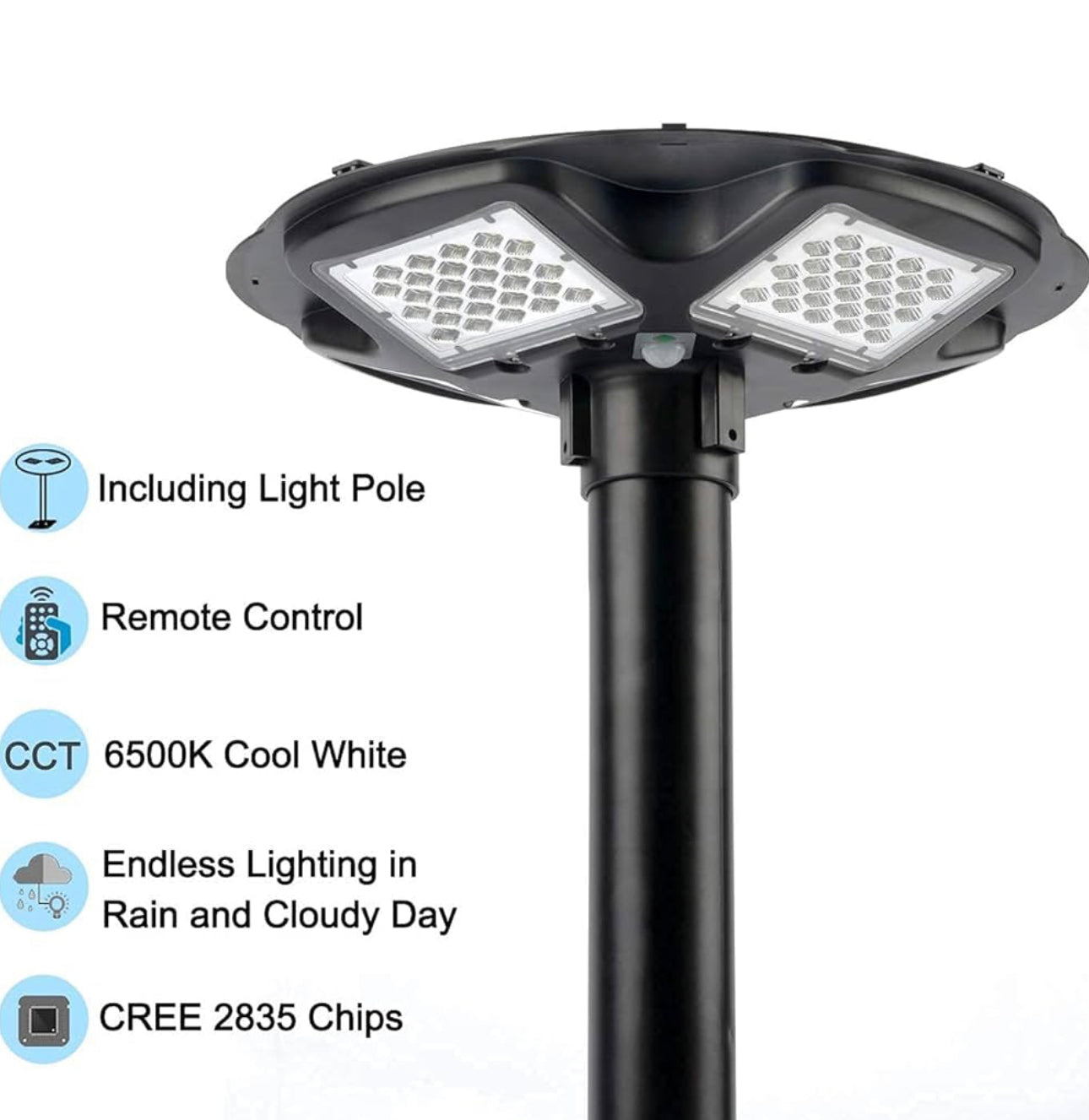 3500W Commercial Solar Round 360° Wide Angle Pole Outdoor Lamp Post Light with 98 inch Pole IP67 Waterproof With Remote - Energize Trek