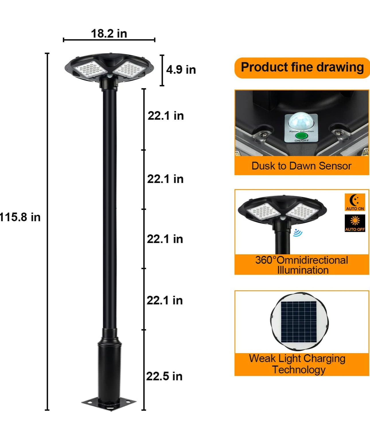 3500W Commercial Solar Round 360° Wide Angle Pole Outdoor Lamp Post Light with 98 inch Pole IP67 Waterproof With Remote - Energize Trek