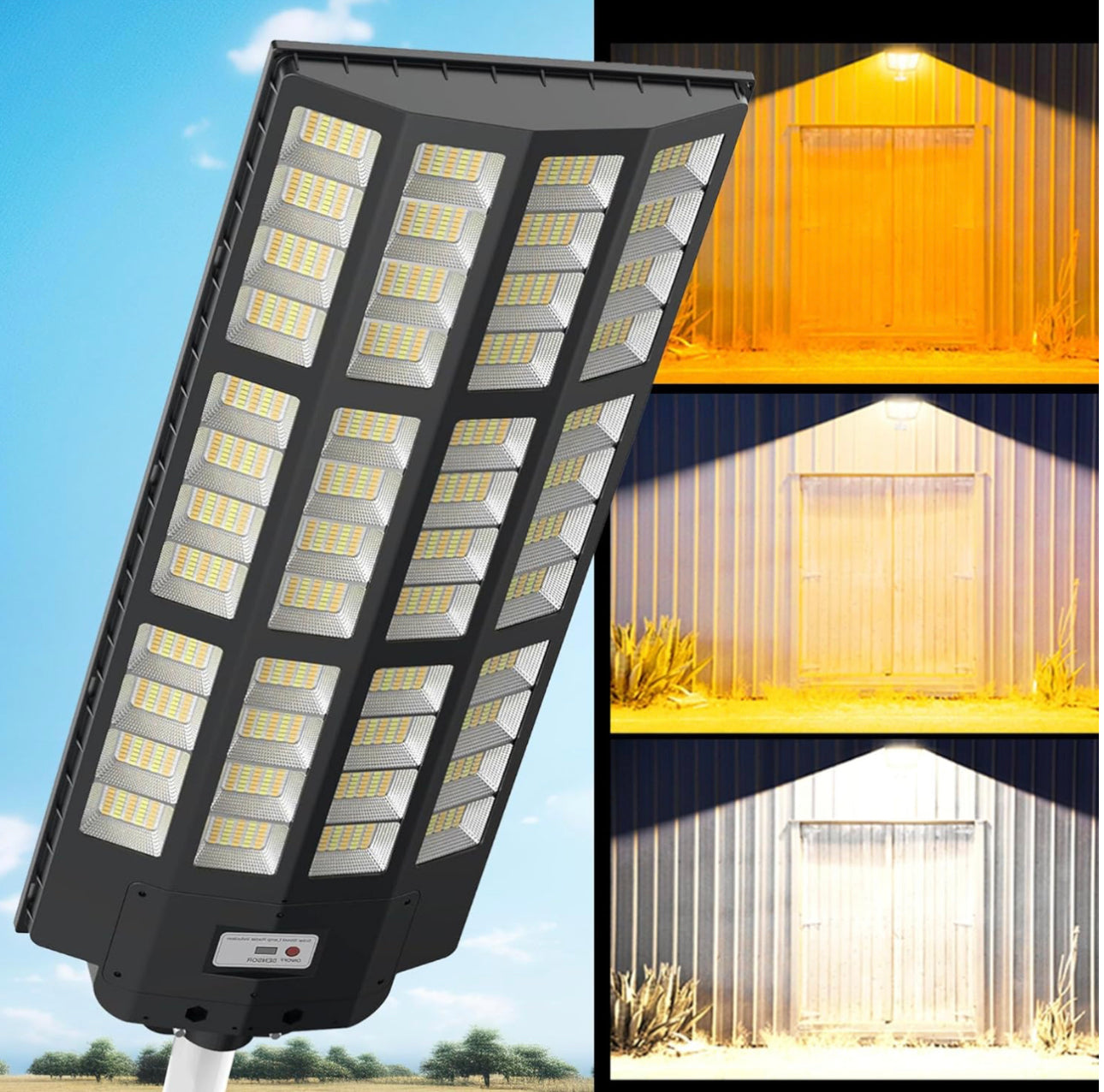 9000W Solar Street Light - Tri-Color 3000K/4000K/6500K Dimmable Solar Motion Sensor Light Outdoor, IP66 Waterproof Solar Dusk to Dawn Lights - Energize Trek