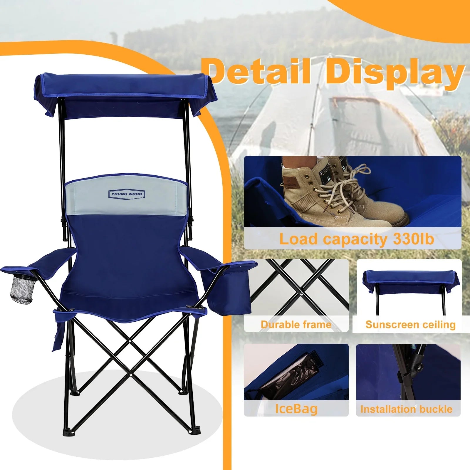 GERC Foldable Camping Chair With Sun Shade, Cooler Bag And Cup Holder Pocket - Energize Trek
