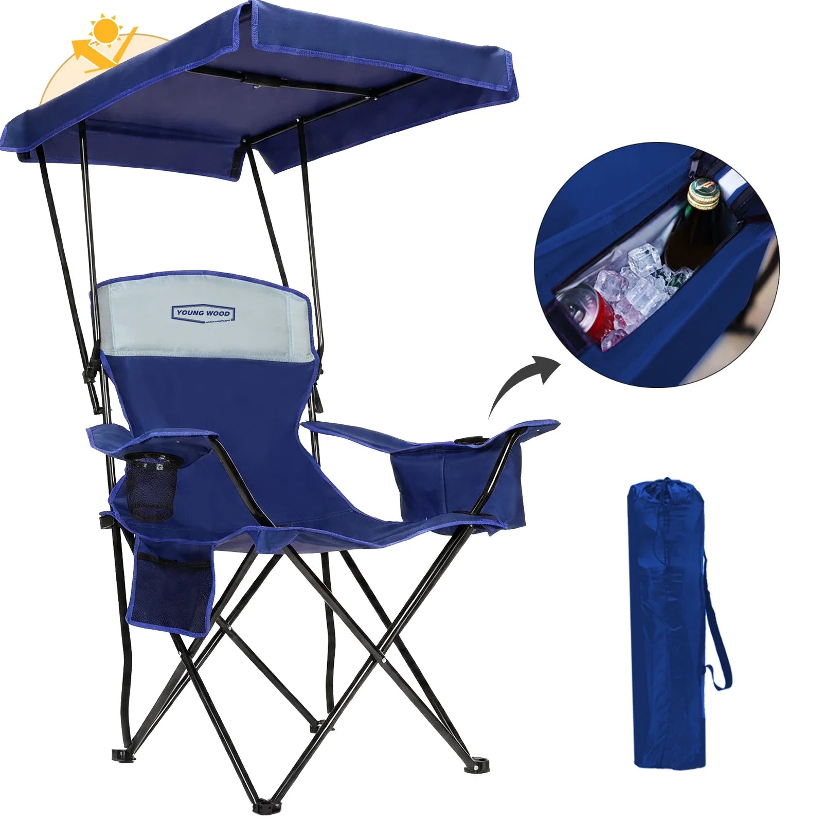 GERC Foldable Camping Chair With Sun Shade, Cooler Bag And Cup Holder Pocket - Energize Trek