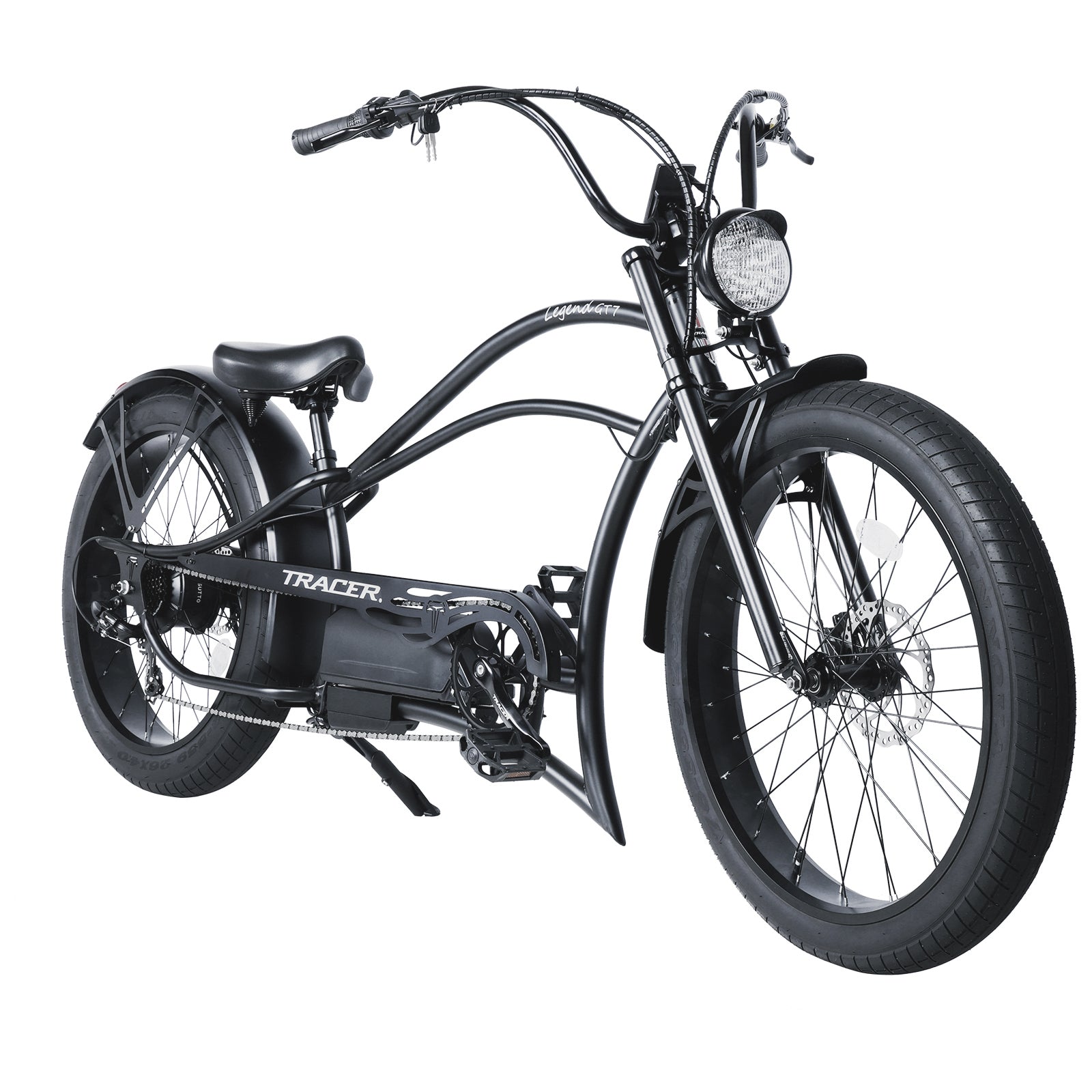 Tracer Legend GT7, (UPC: 749671831819), 26" Chopper Stretch E-Bike, Shimano 7-Speed, Triple Tree Fork, Hydraulic Disc Brake, Hi-Rise Type Steel Handlebar 750x220x22.2mm, Alloy Polish FAT RIMS Front 3" Rear 4" Fat white wall Tires 26"x3.0 - Energize Trek