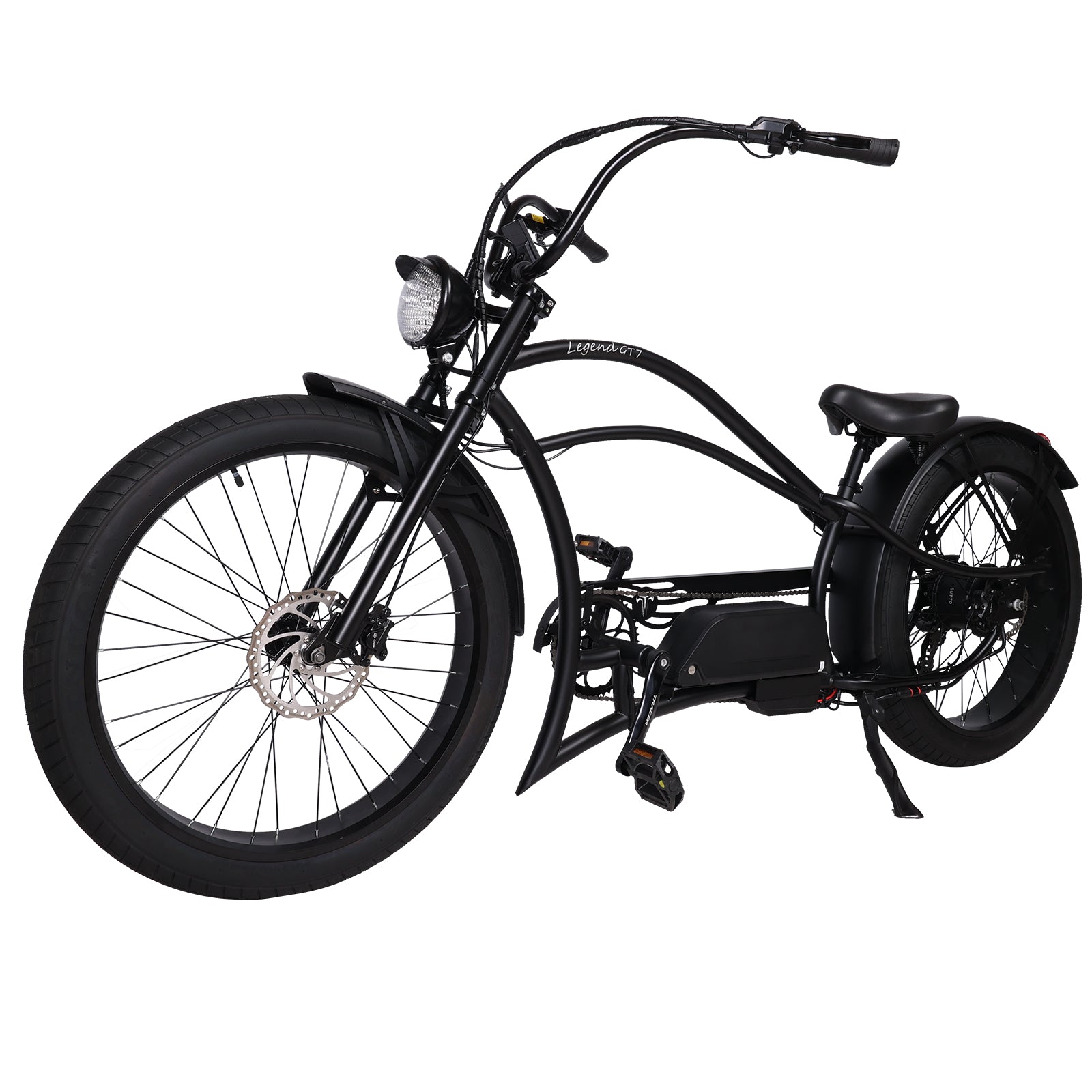 Tracer Legend GT7, (UPC: 749671831819), 26" Chopper Stretch E-Bike, Shimano 7-Speed, Triple Tree Fork, Hydraulic Disc Brake, Hi-Rise Type Steel Handlebar 750x220x22.2mm, Alloy Polish FAT RIMS Front 3" Rear 4" Fat white wall Tires 26"x3.0 - Energize Trek