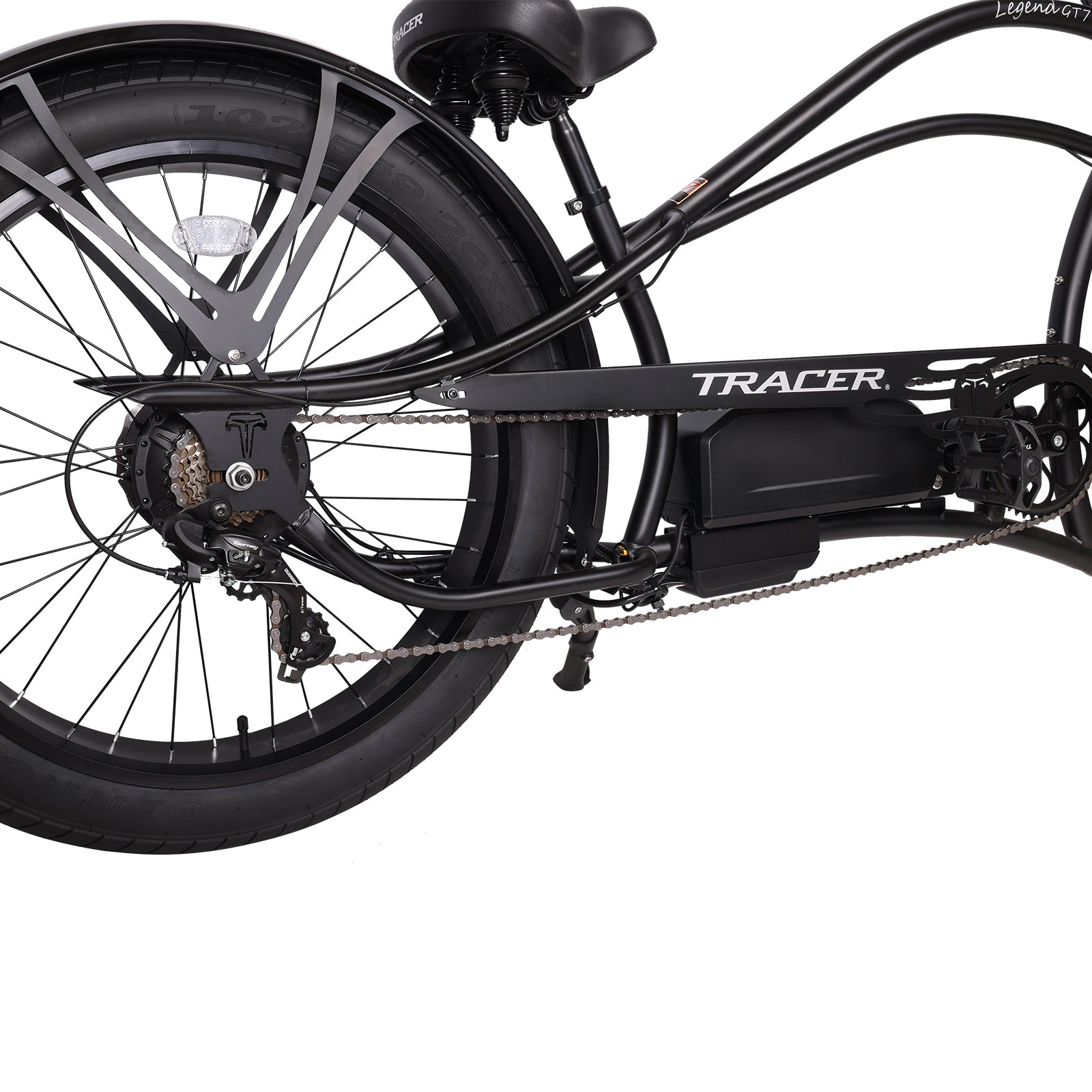 Tracer Legend GT7, (UPC: 749671831819), 26" Chopper Stretch E-Bike, Shimano 7-Speed, Triple Tree Fork, Hydraulic Disc Brake, Hi-Rise Type Steel Handlebar 750x220x22.2mm, Alloy Polish FAT RIMS Front 3" Rear 4" Fat white wall Tires 26"x3.0 - Energize Trek