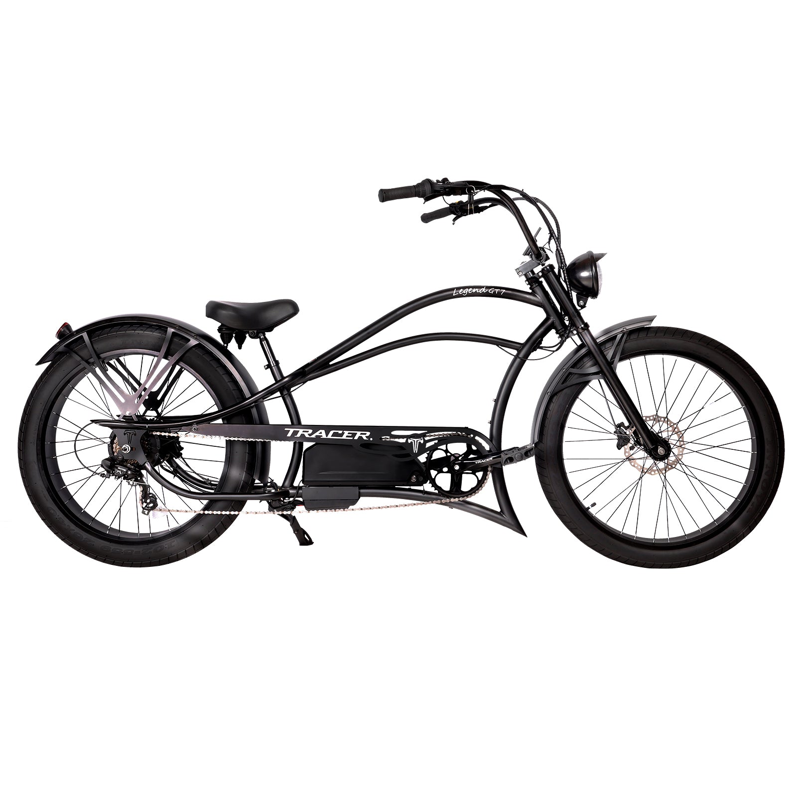Tracer Legend GT7, (UPC: 749671831819), 26" Chopper Stretch E-Bike, Shimano 7-Speed, Triple Tree Fork, Hydraulic Disc Brake, Hi-Rise Type Steel Handlebar 750x220x22.2mm, Alloy Polish FAT RIMS Front 3" Rear 4" Fat white wall Tires 26"x3.0 - Energize Trek