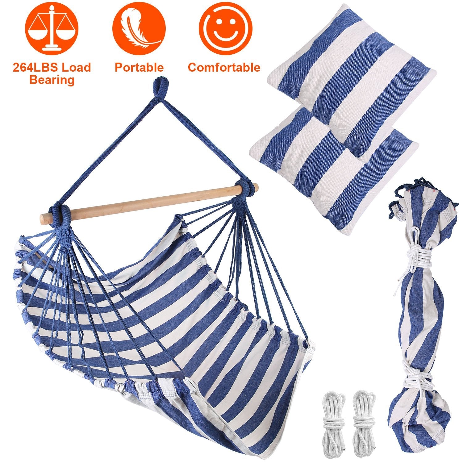 Hammock Hanging Chair Canvas Porch Patio Swing Seat Portable Camping Rope Seat Wooden Stick Hammock Chair with 2 Pillows 265LBS Load-bearing - Energize Trek