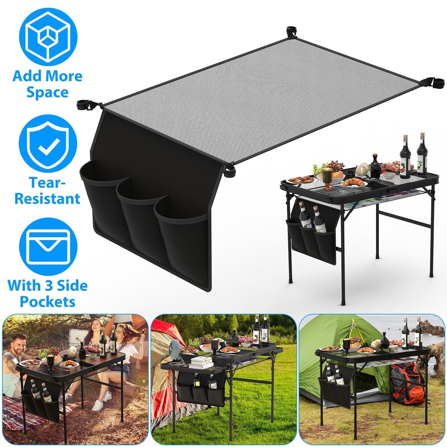 Hanging Storage Net for 35.43x23.62 Camping Table Under Table Folding Net Bag Tear-Resistant with 3 Side Pockets 4 Corner Clips for Camping Hiking Fis - Energize Trek