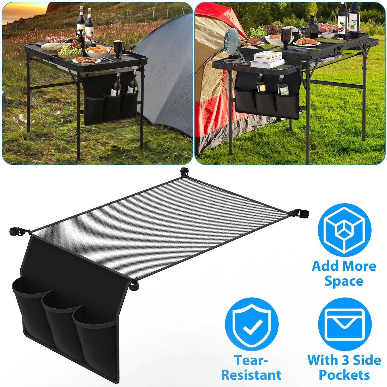 Hanging Storage Net for 35.43x23.62 Camping Table Under Table Folding Net Bag Tear-Resistant with 3 Side Pockets 4 Corner Clips for Camping Hiking Fis - Energize Trek