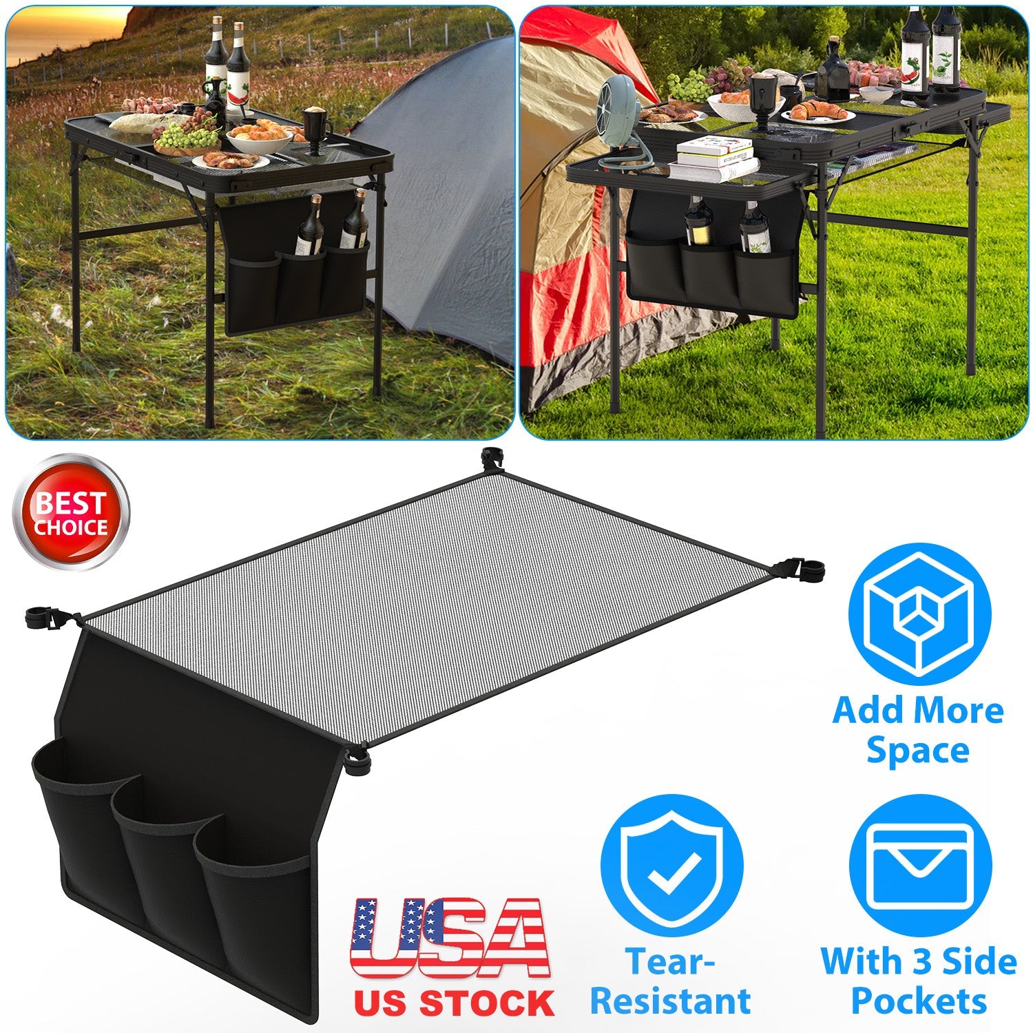 Hanging Storage Net for 35.43x23.62 Camping Table Under Table Folding Net Bag Tear-Resistant with 3 Side Pockets 4 Corner Clips for Camping Hiking Fis - Energize Trek