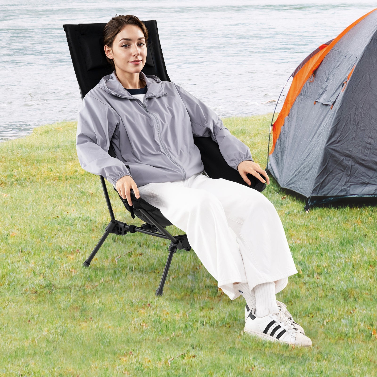 High Back Portable Camping Chair with Compact Carry Bag and Pillow-Black - Energize Trek
