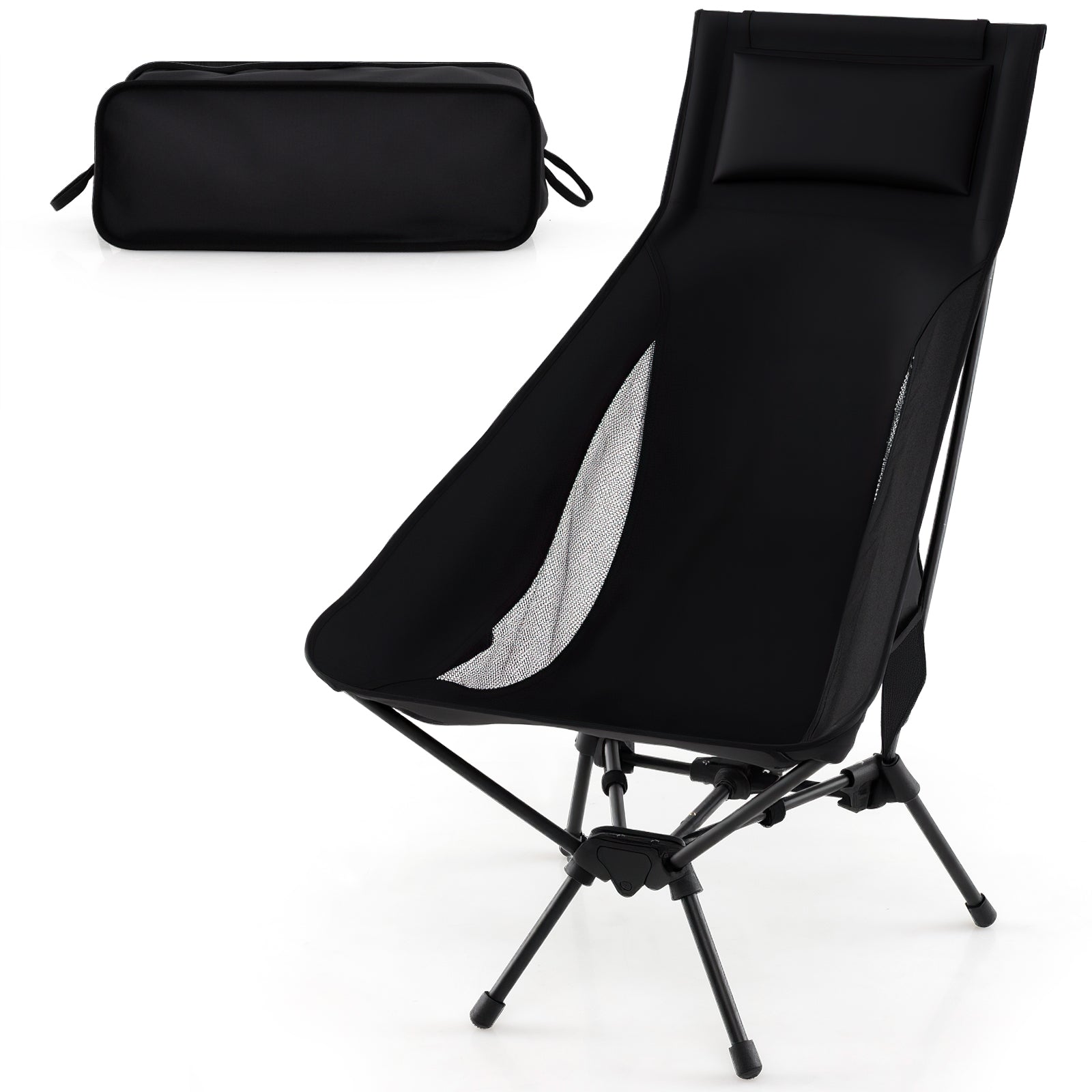 High Back Portable Camping Chair with Compact Carry Bag and Pillow-Black - Energize Trek