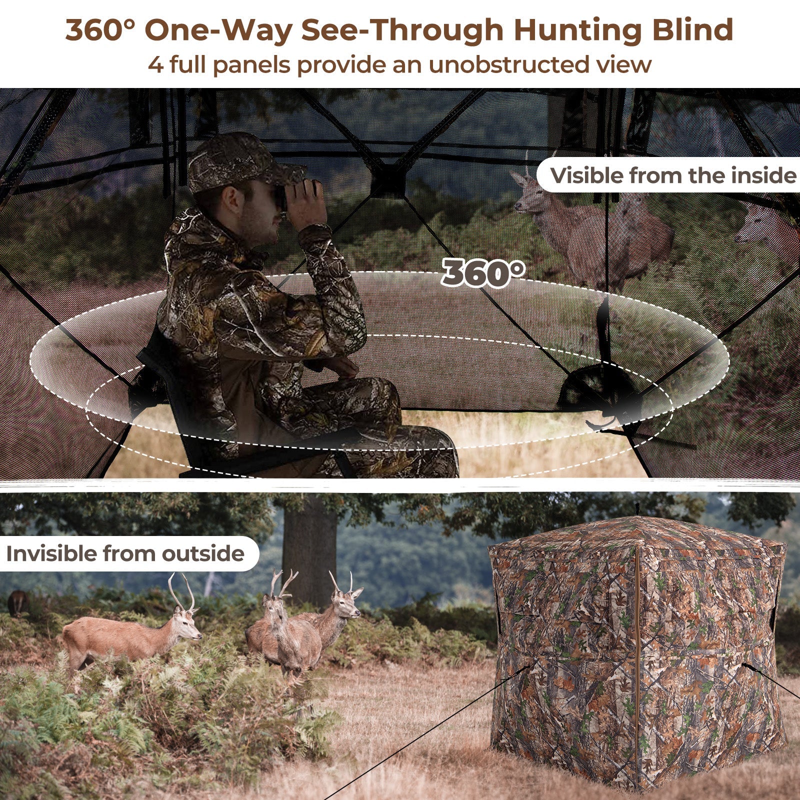 Hunting Blind 360 Degree One-Way See-Through Ground Blind for 2-3 Person - Energize Trek