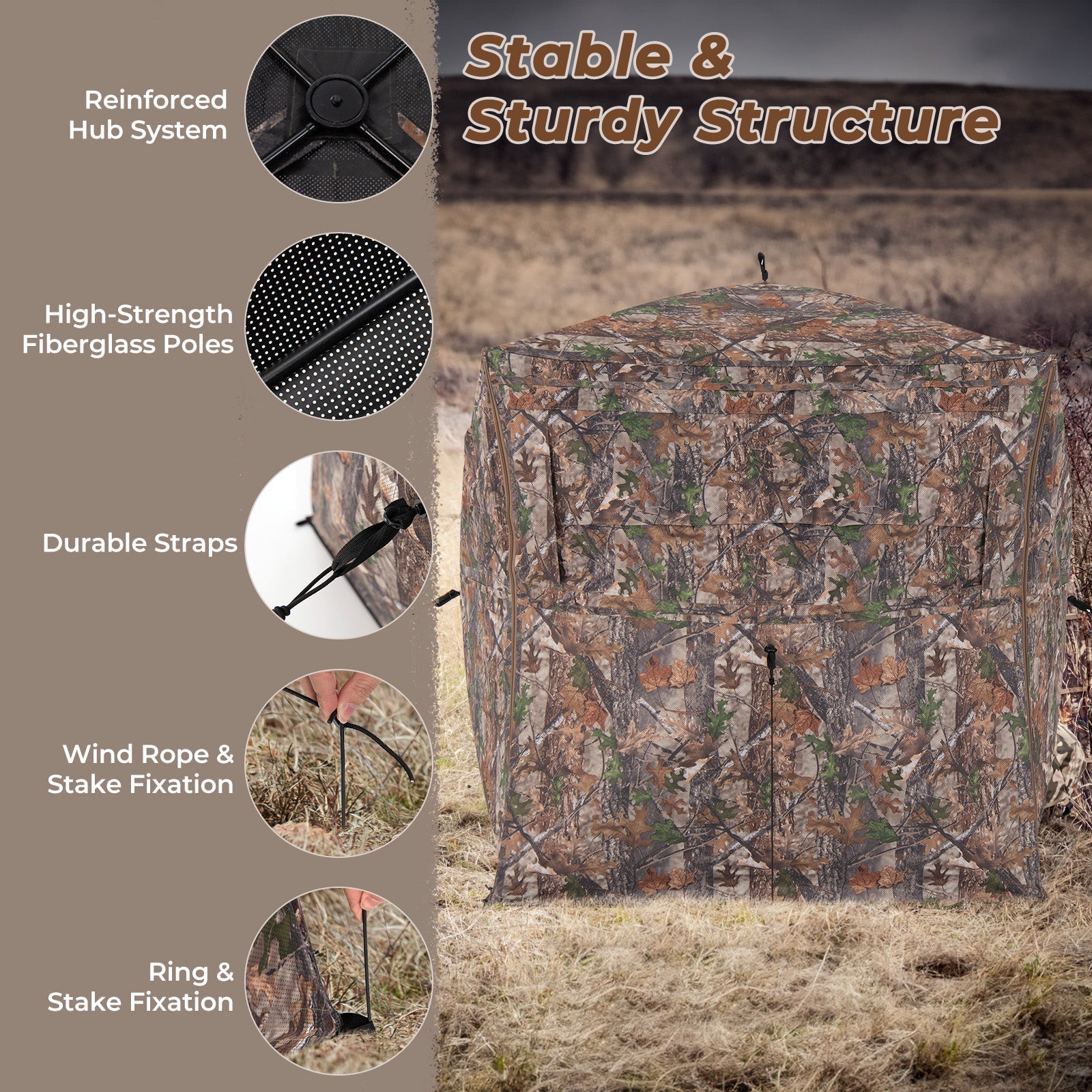 Hunting Blind 360 Degree One-Way See-Through Ground Blind for 2-3 Person - Energize Trek