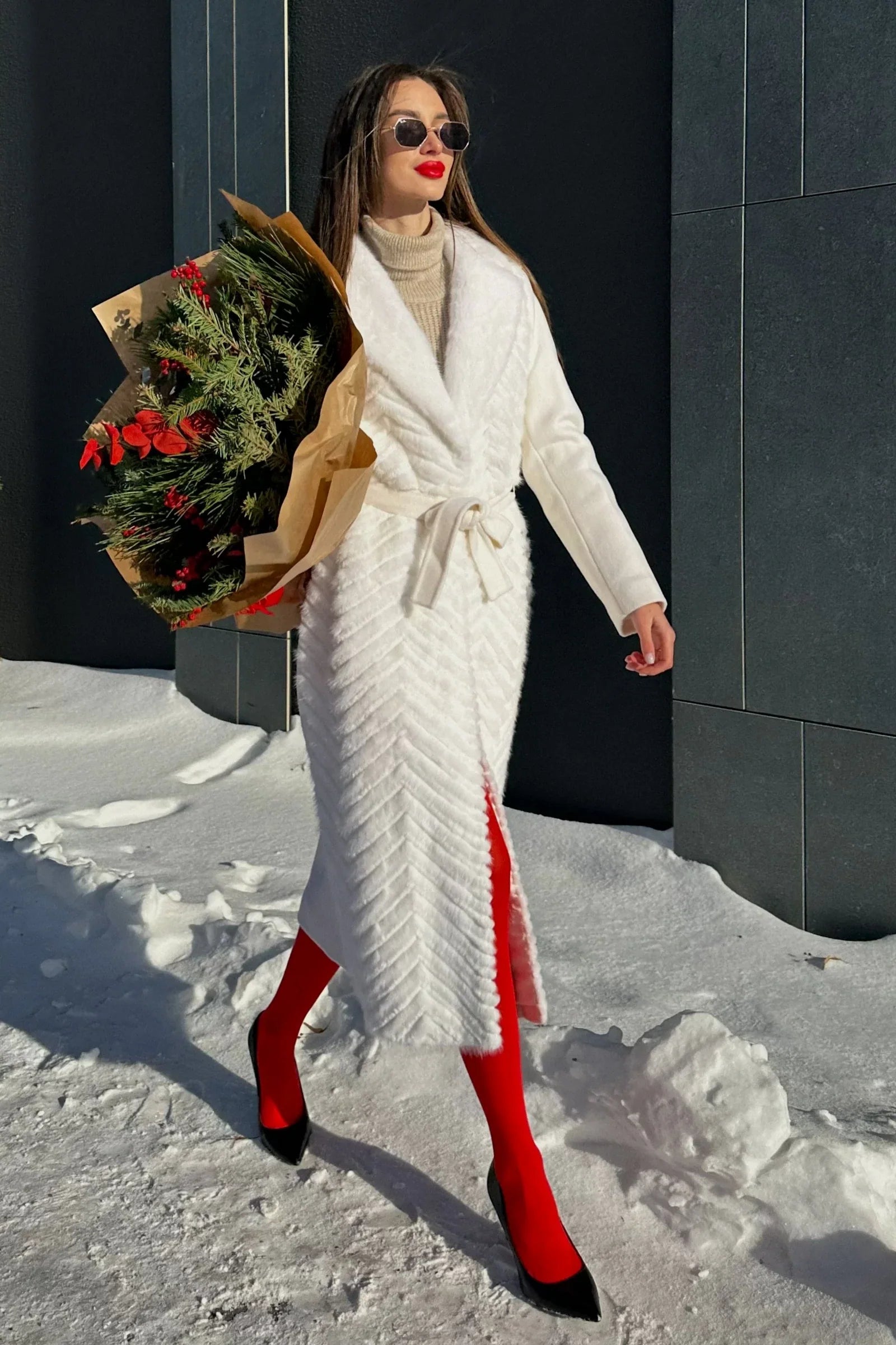 Genuine Mink Fur Rex Fur Trim Virgin Wool Coat in White - Energize Trek