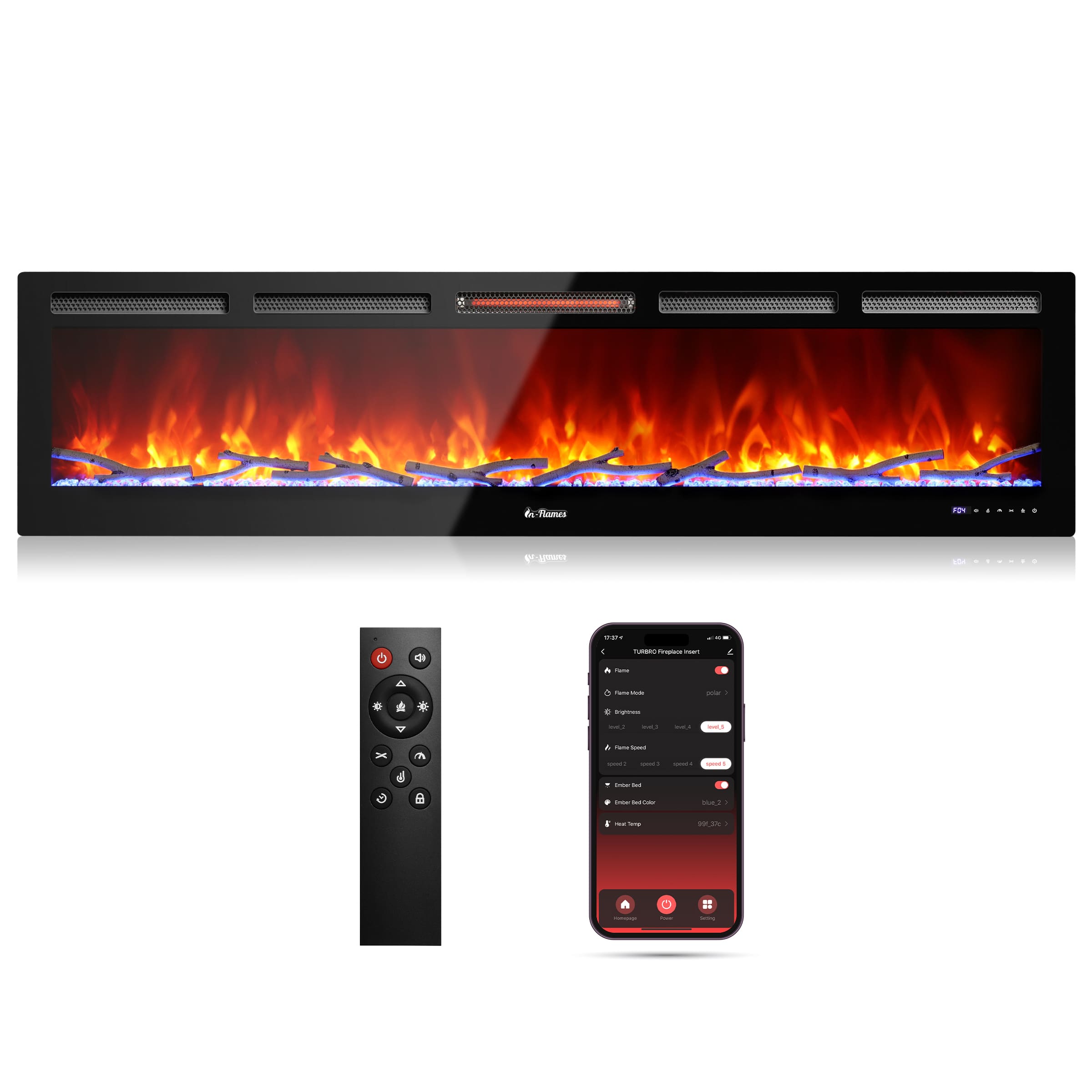 In Flames INF72W-3D WiFi Smart Wall Mounted Electric Fireplace - Tempered Glass - Energize Trek