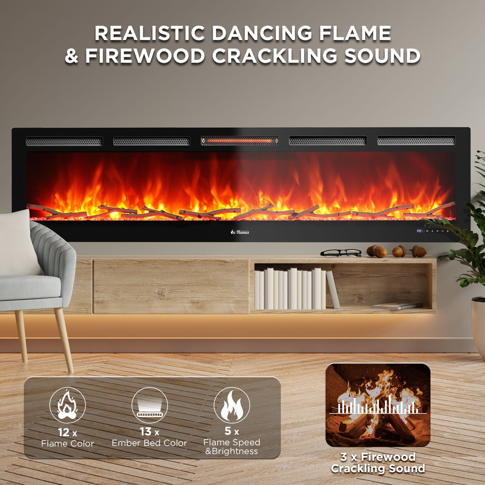 In Flames INF72W-3D WiFi Smart Wall Mounted Electric Fireplace - Tempered Glass - Energize Trek
