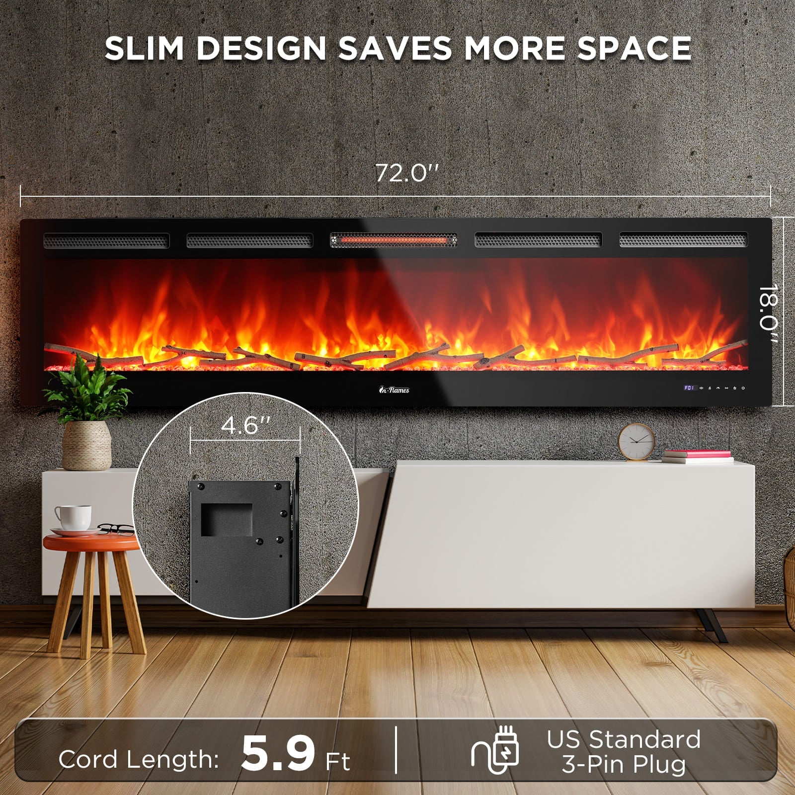 In Flames INF72W-3D WiFi Smart Wall Mounted Electric Fireplace - Tempered Glass - Energize Trek