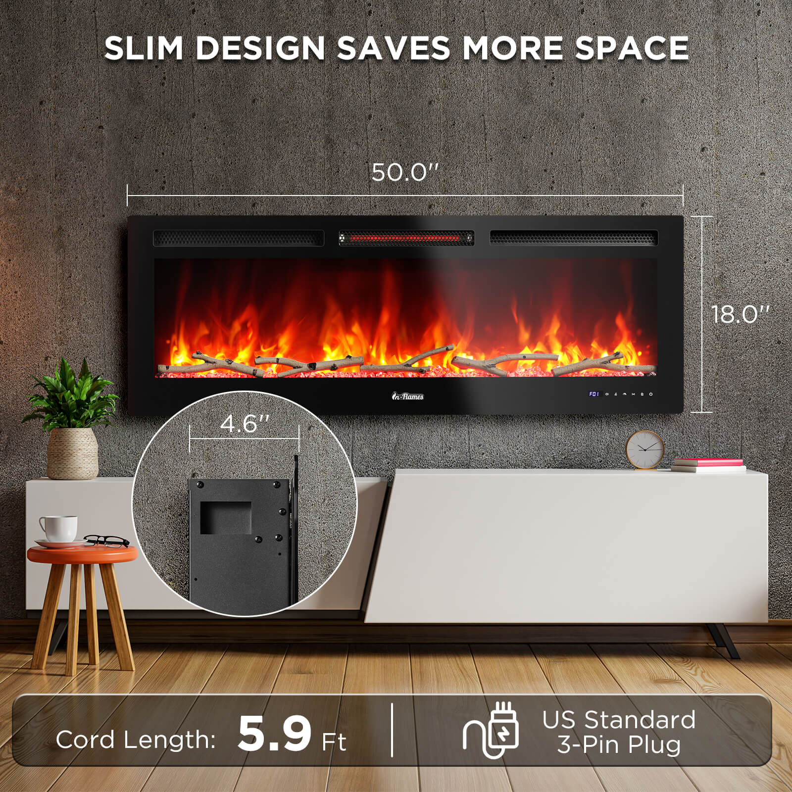In Flames INF50W-3D WiFi Smart Wall Mounted Electric Fireplace - Tempered Glass - Energize Trek