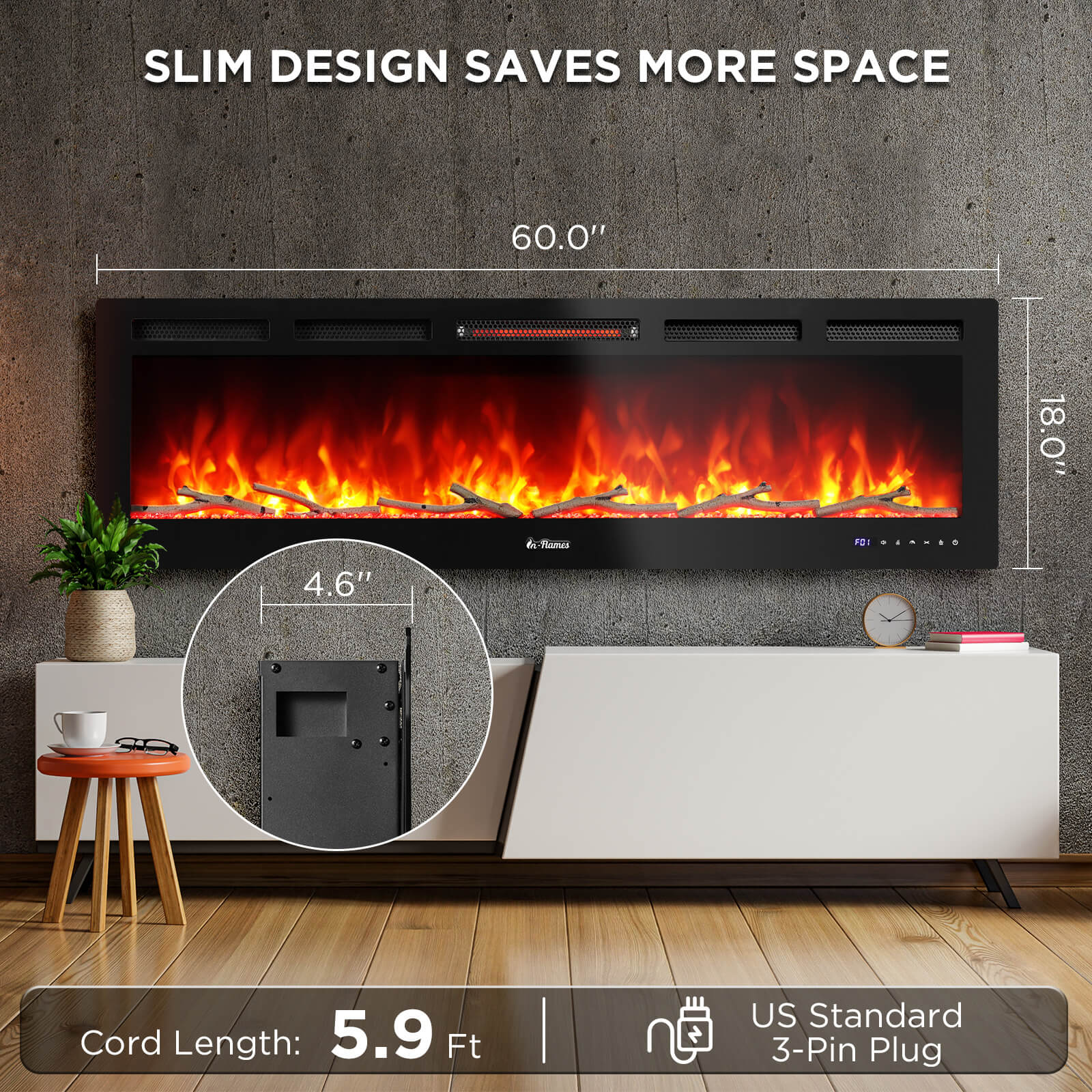 In Flames INF60W-3D WiFi Smart Wall Mounted Electric Fireplace - Tempered Glass - Energize Trek