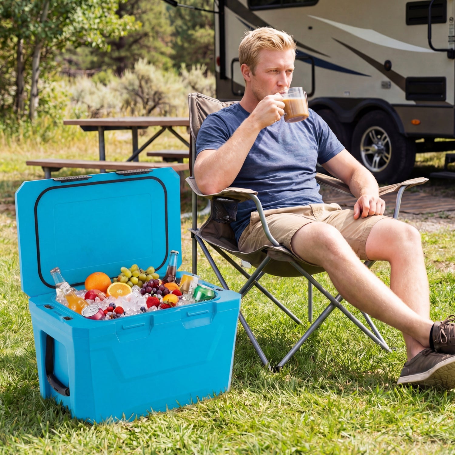 Insulated Portable Cooler Hard Shell Ice Chest with 2 Cup Holders Bottle Opener and Drain Plug - Energize Trek