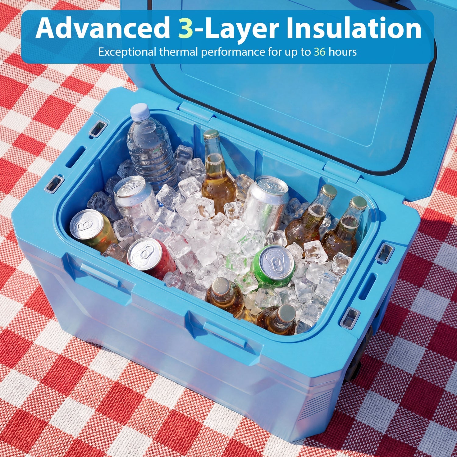 Insulated Portable Cooler Hard Shell Ice Chest with 2 Cup Holders Bottle Opener and Drain Plug - Energize Trek