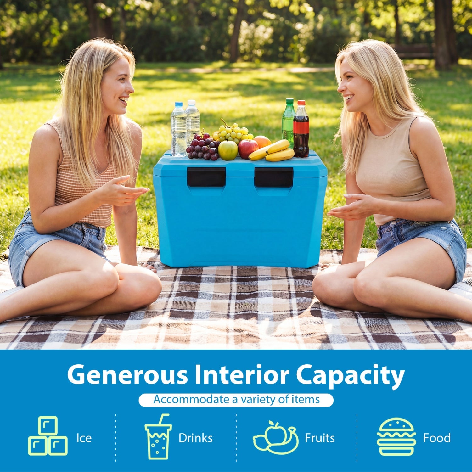Insulated Portable Cooler Hard Shell Ice Chest with 2 Cup Holders Bottle Opener and Drain Plug - Energize Trek
