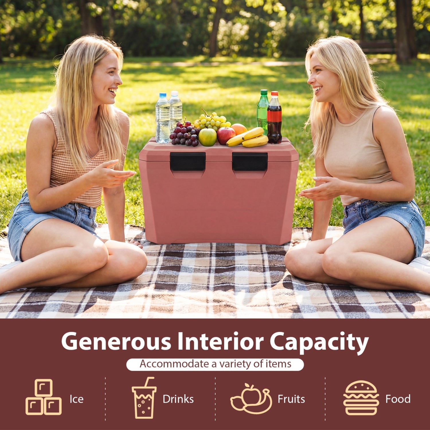Insulated Portable Cooler Hard Shell Ice Chest with 2 Cup Holders Bottle Opener and Drain Plug - Energize Trek