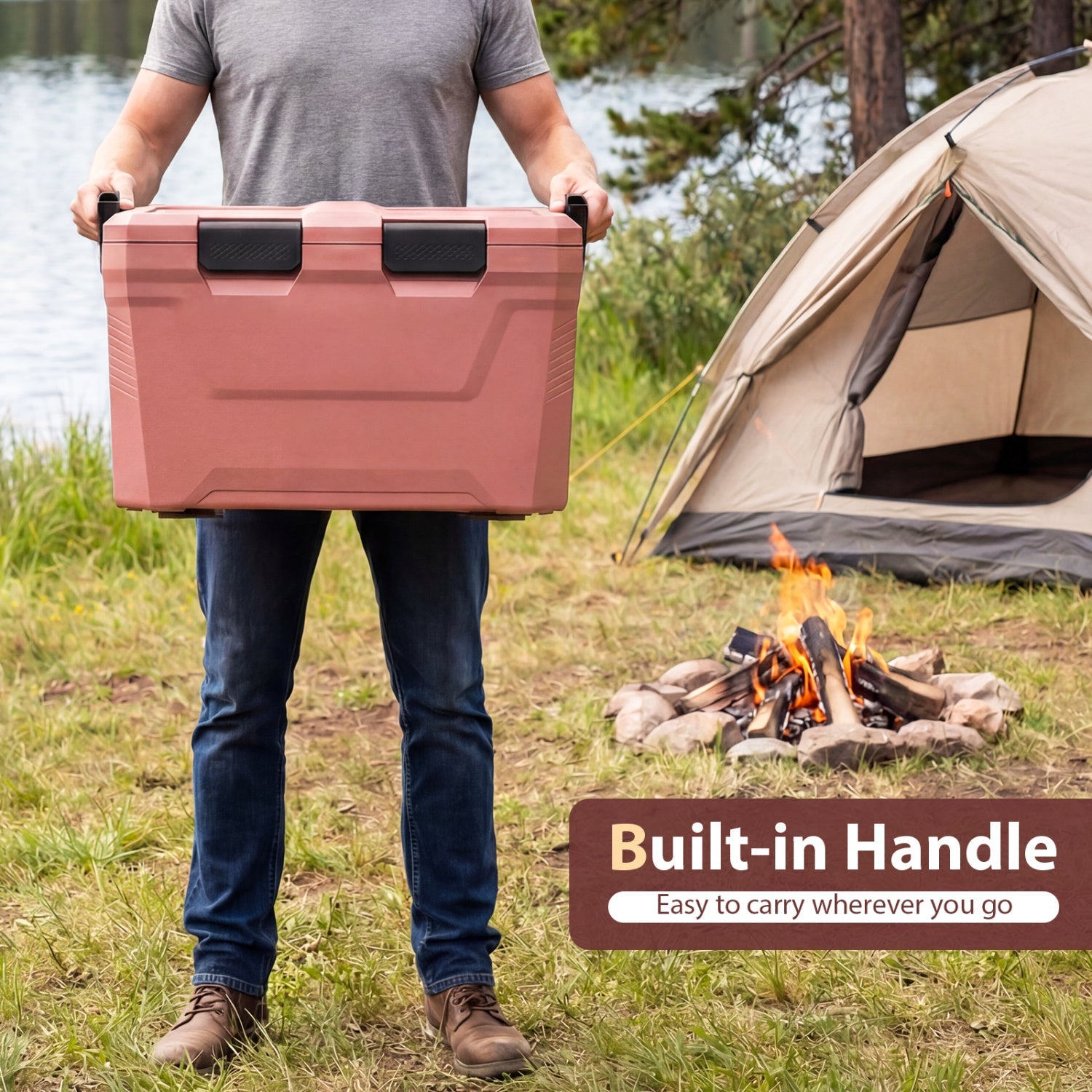 Insulated Portable Cooler Hard Shell Ice Chest with 2 Cup Holders Bottle Opener and Drain Plug - Energize Trek