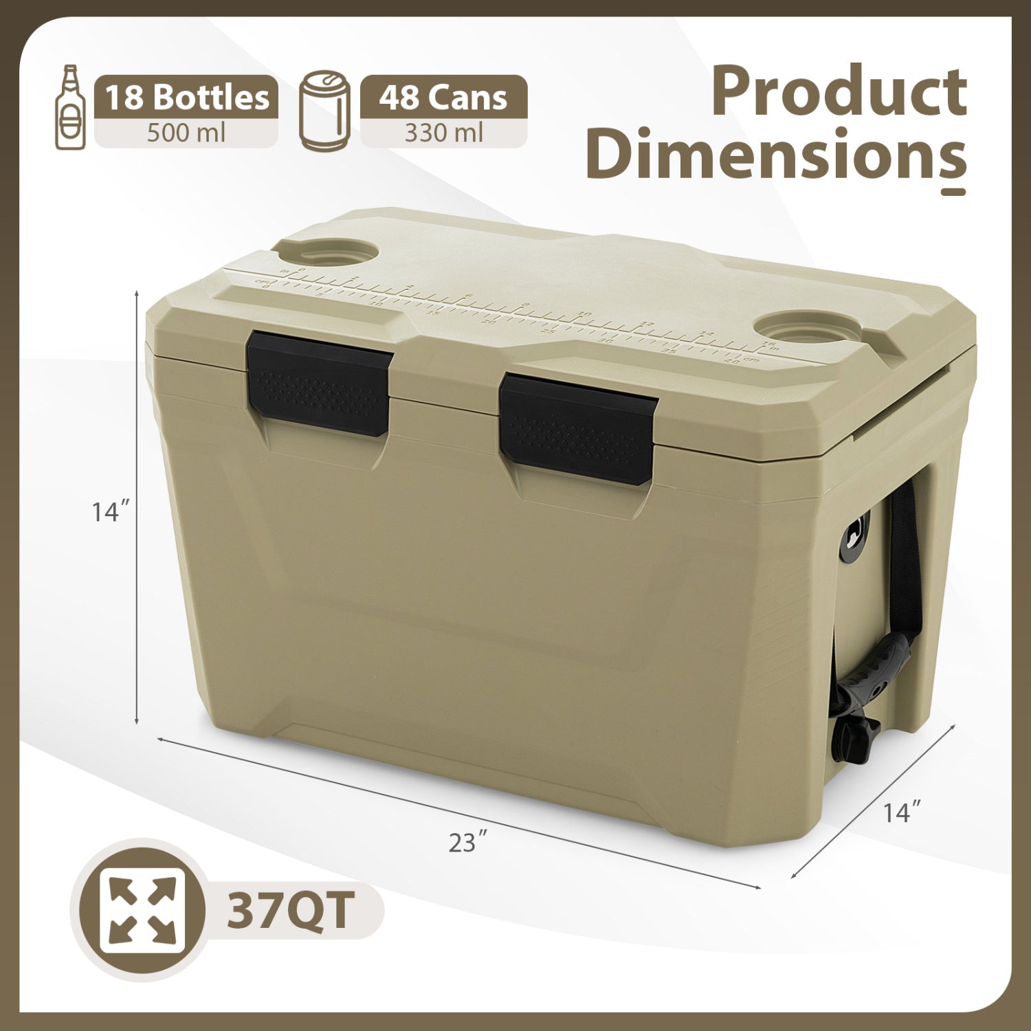 Insulated Portable Cooler Hard Shell Ice Chest with 2 Cup Holders Bottle Opener and Drain Plug - Energize Trek