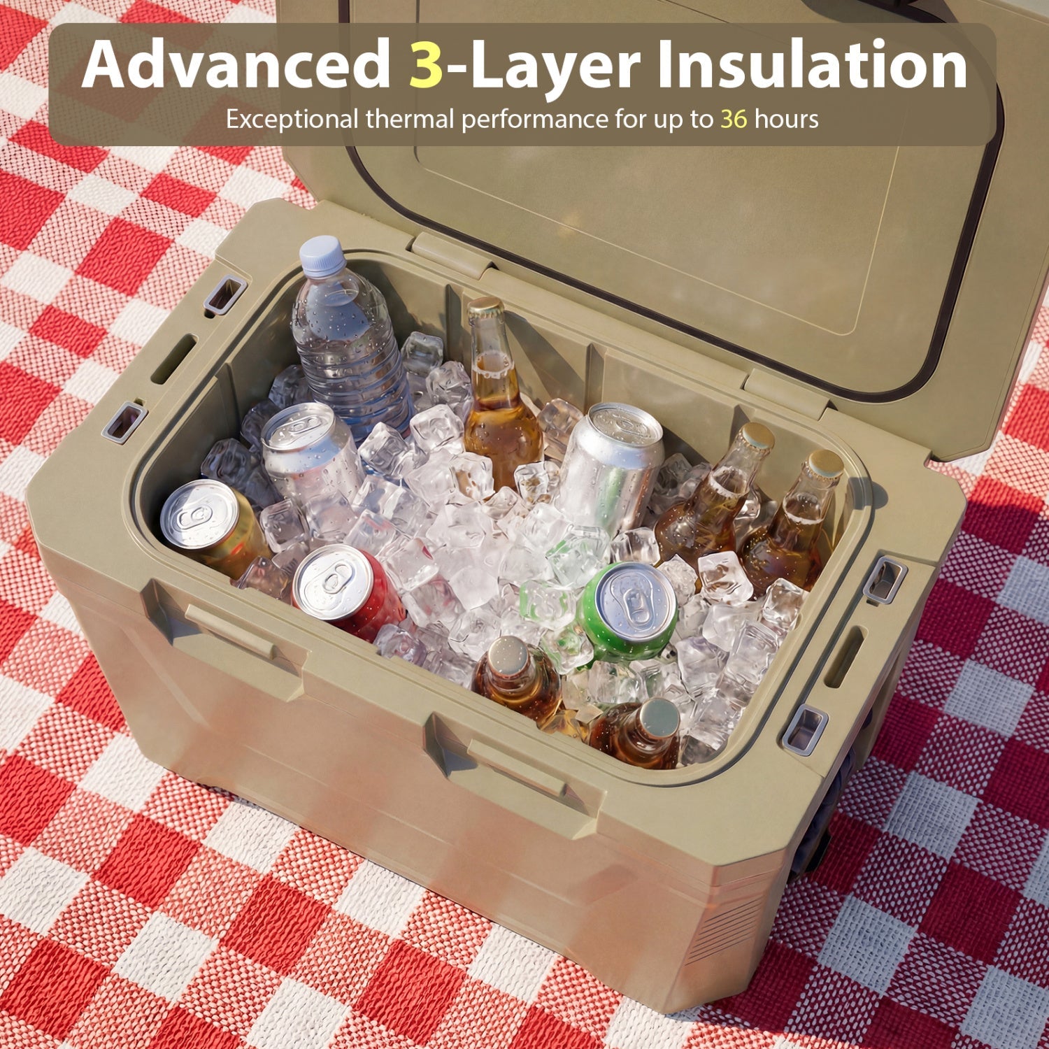 Insulated Portable Cooler Hard Shell Ice Chest with 2 Cup Holders Bottle Opener and Drain Plug - Energize Trek