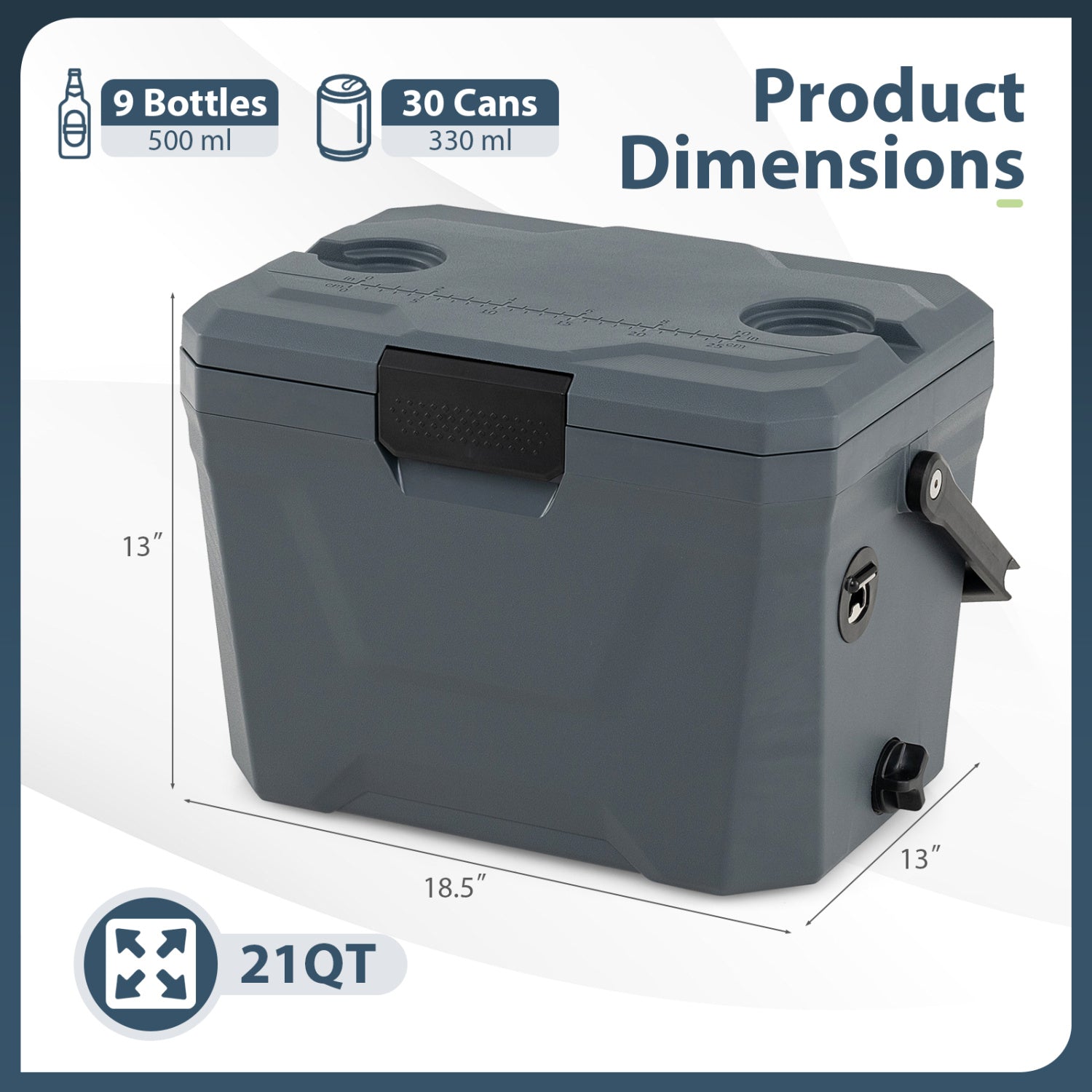 Insulated Portable Cooler Hard Shell Ice Chest with 2 Cup Holders - Energize Trek