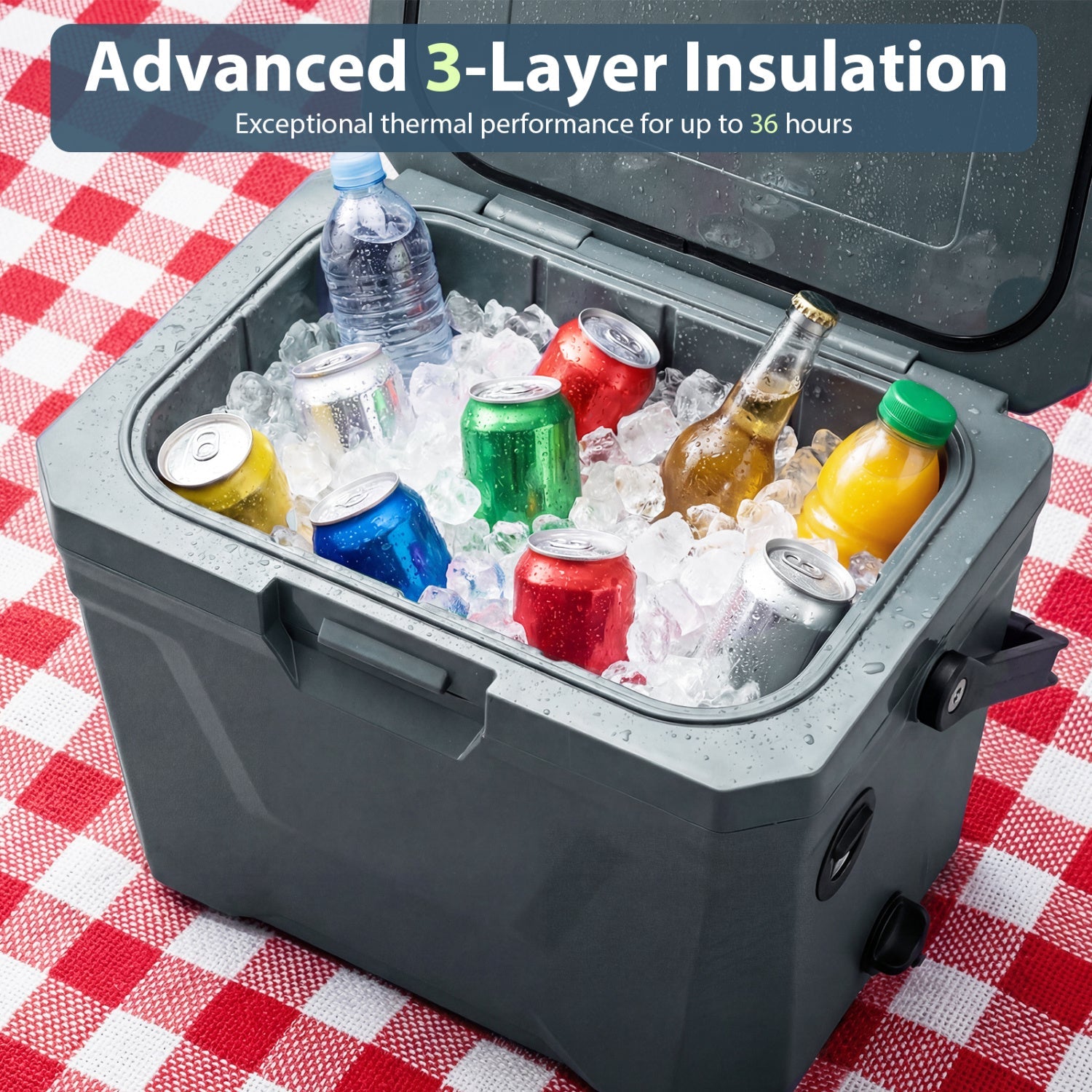 Insulated Portable Cooler Hard Shell Ice Chest with 2 Cup Holders - Energize Trek