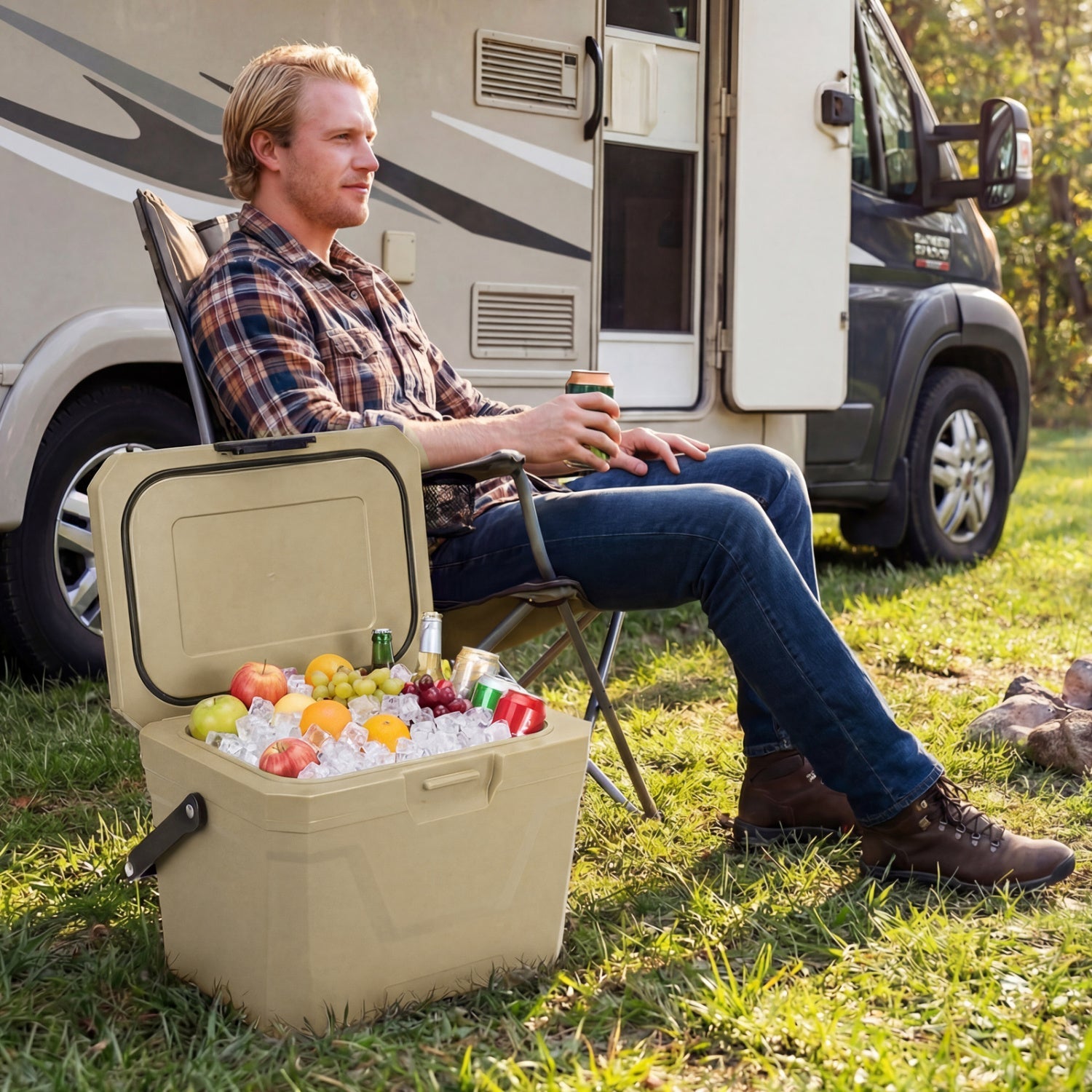 Insulated Portable Cooler Hard Shell Ice Chest with 2 Cup Holders - Energize Trek