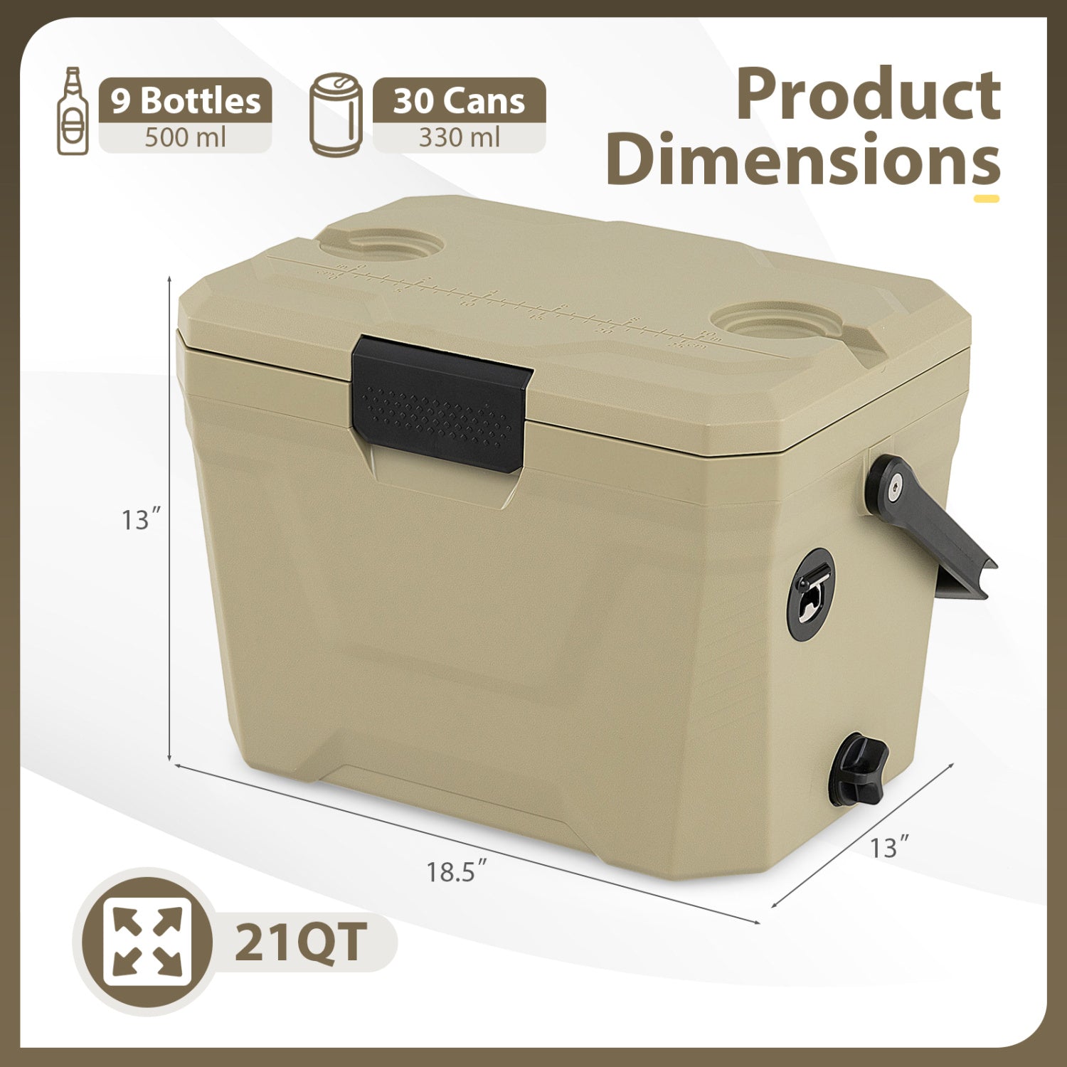 Insulated Portable Cooler Hard Shell Ice Chest with 2 Cup Holders - Energize Trek