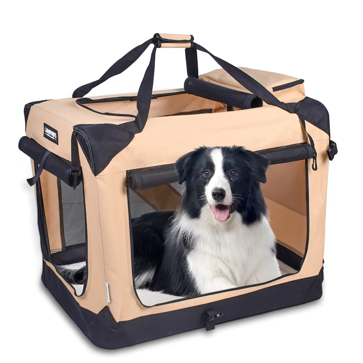 JESPET Soft Pet Crates Kennel, 3 Door Soft Sided Folding Travel Pet Carrier with Straps and Fleece Mat for Dogs, Cats, Rabbits, Indoor/Outdoor Use with Grey, Blue & Beige, Black - Energize Trek