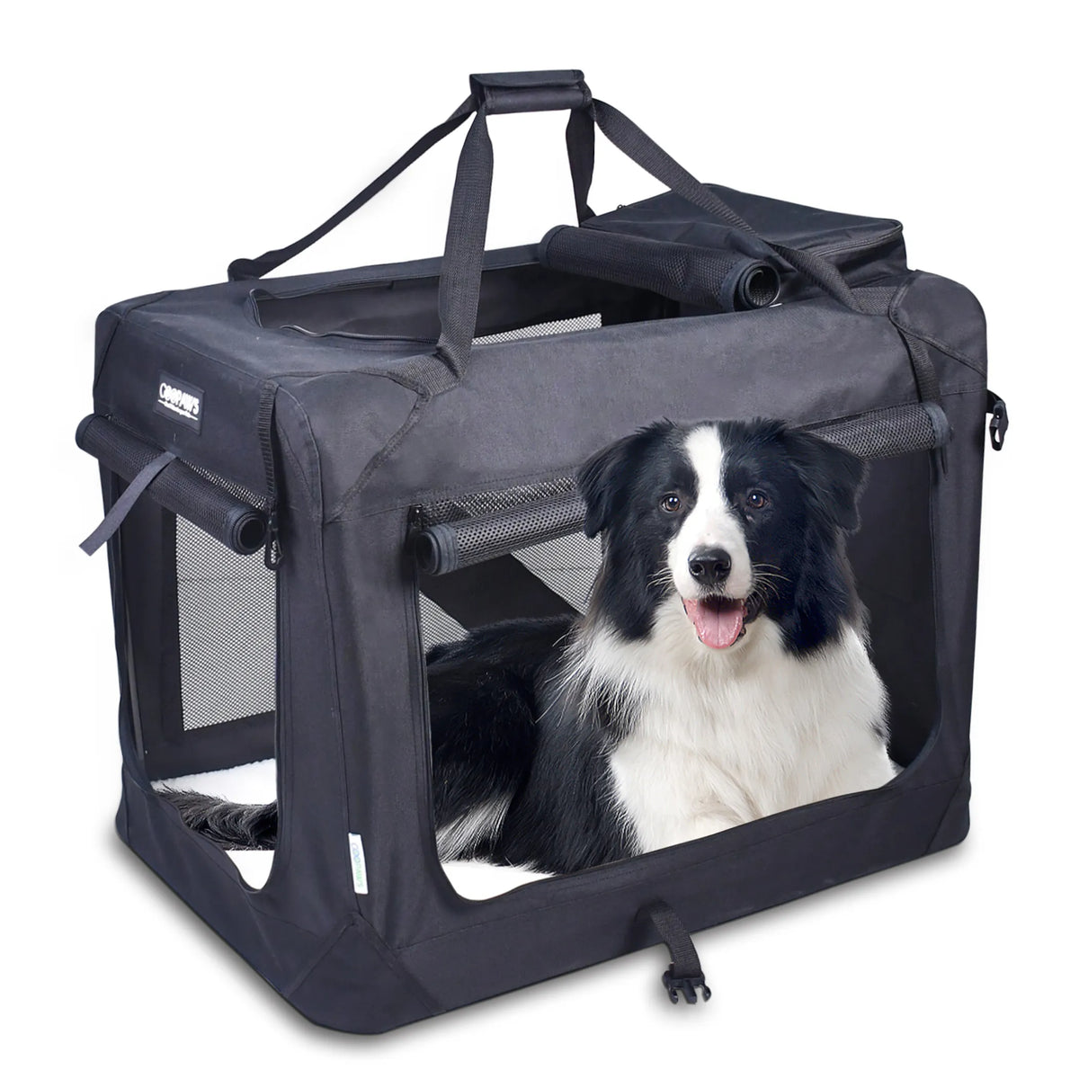 JESPET Soft Pet Crates Kennel, 3 Door Soft Sided Folding Travel Pet Carrier with Straps and Fleece Mat for Dogs, Cats, Rabbits, Indoor/Outdoor Use with Grey, Blue & Beige, Black - Energize Trek