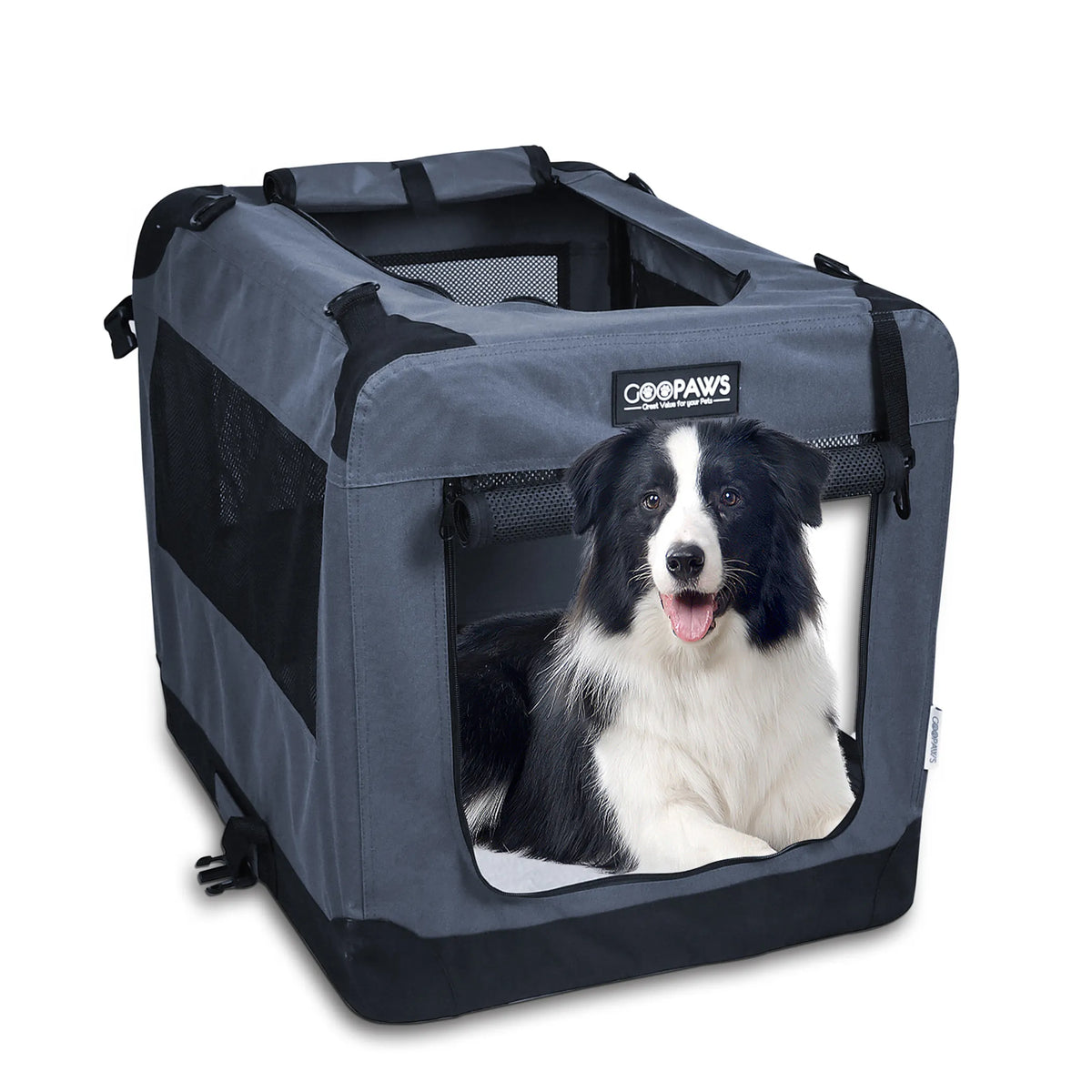 JESPET Soft Pet Crates Kennel, 3 Door Soft Sided Folding Travel Pet Carrier with Straps and Fleece Mat for Dogs, Cats, Rabbits, Indoor/Outdoor Use with Grey, Blue & Beige, Black - Energize Trek