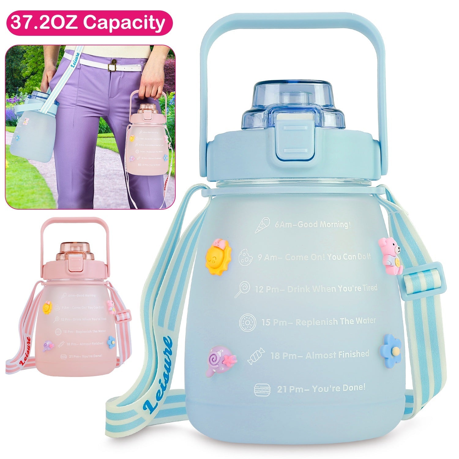 Kawaii Water Bottle with Straw 37.2oz Large Capacity Portable Sports Bottle with Cute Three-Dimensional Stickers - Energize Trek