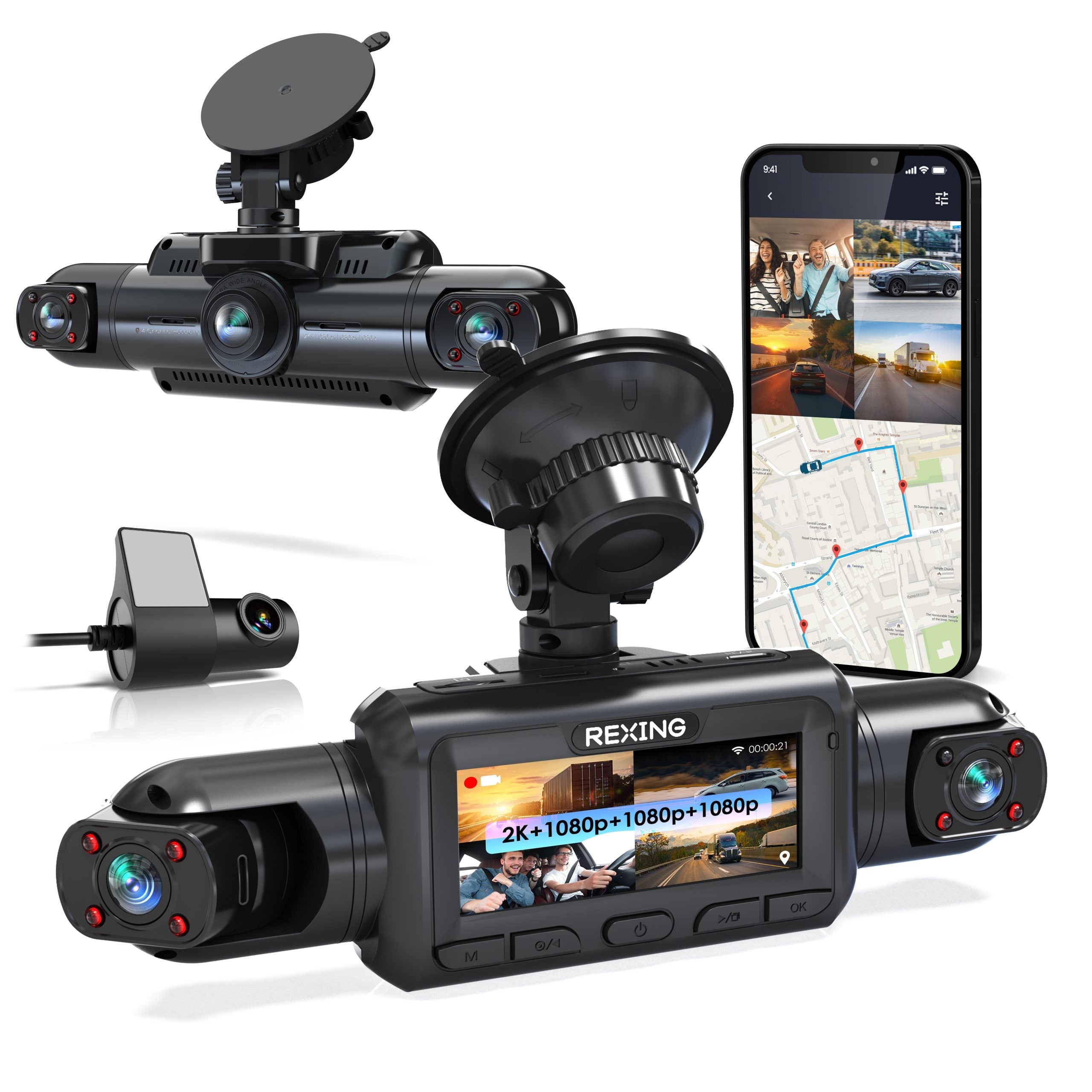 Rexing L4 Series 4-Channel Dash Cams with Ultra-Wide Angle, Wi-Fi, Night Vision, and GPS, App Control, Loop Recording, Collision Sensor - Energize Trek