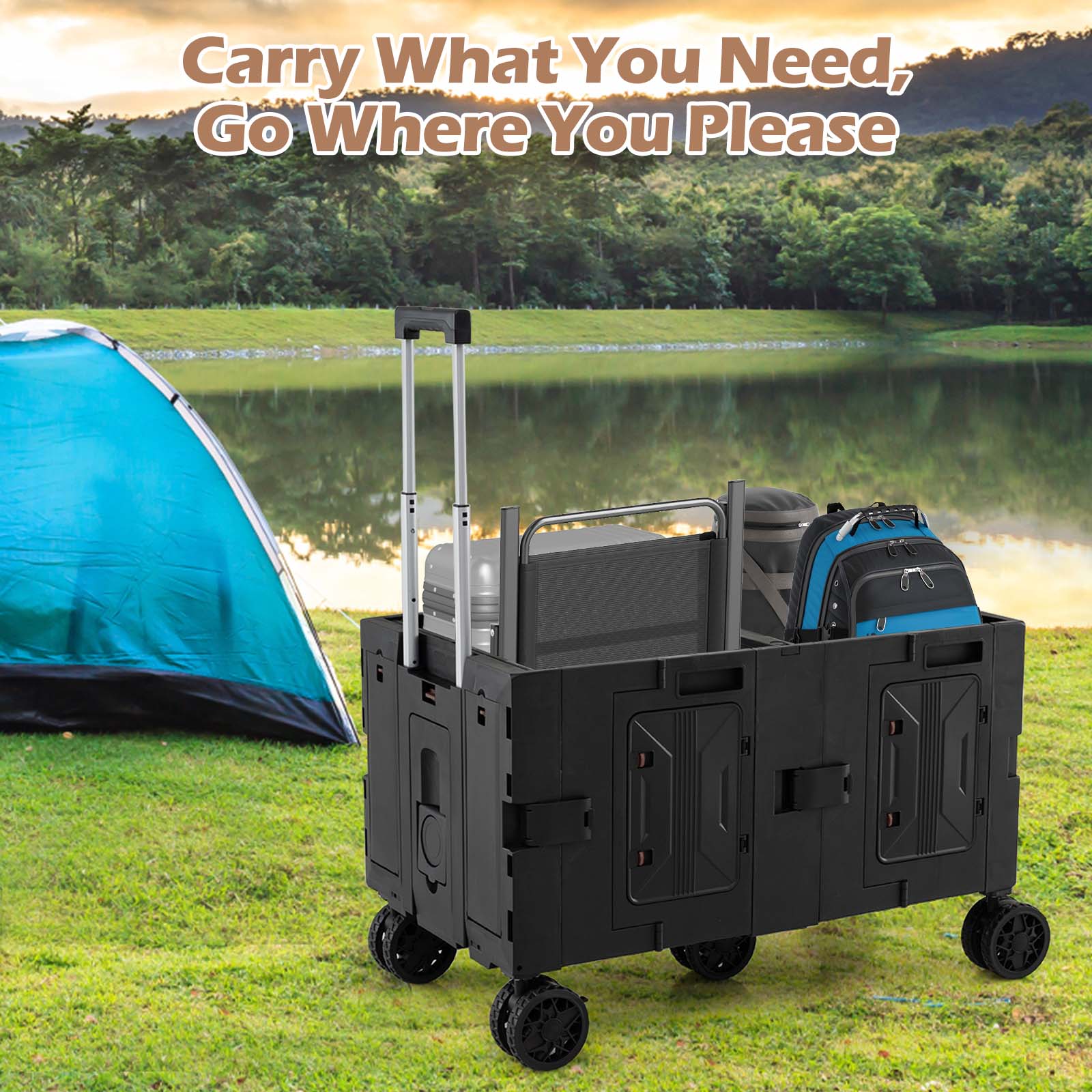 Large Foldable Utility Cart with 2-Tier Storage Crates and Telescoping Handle - Energize Trek