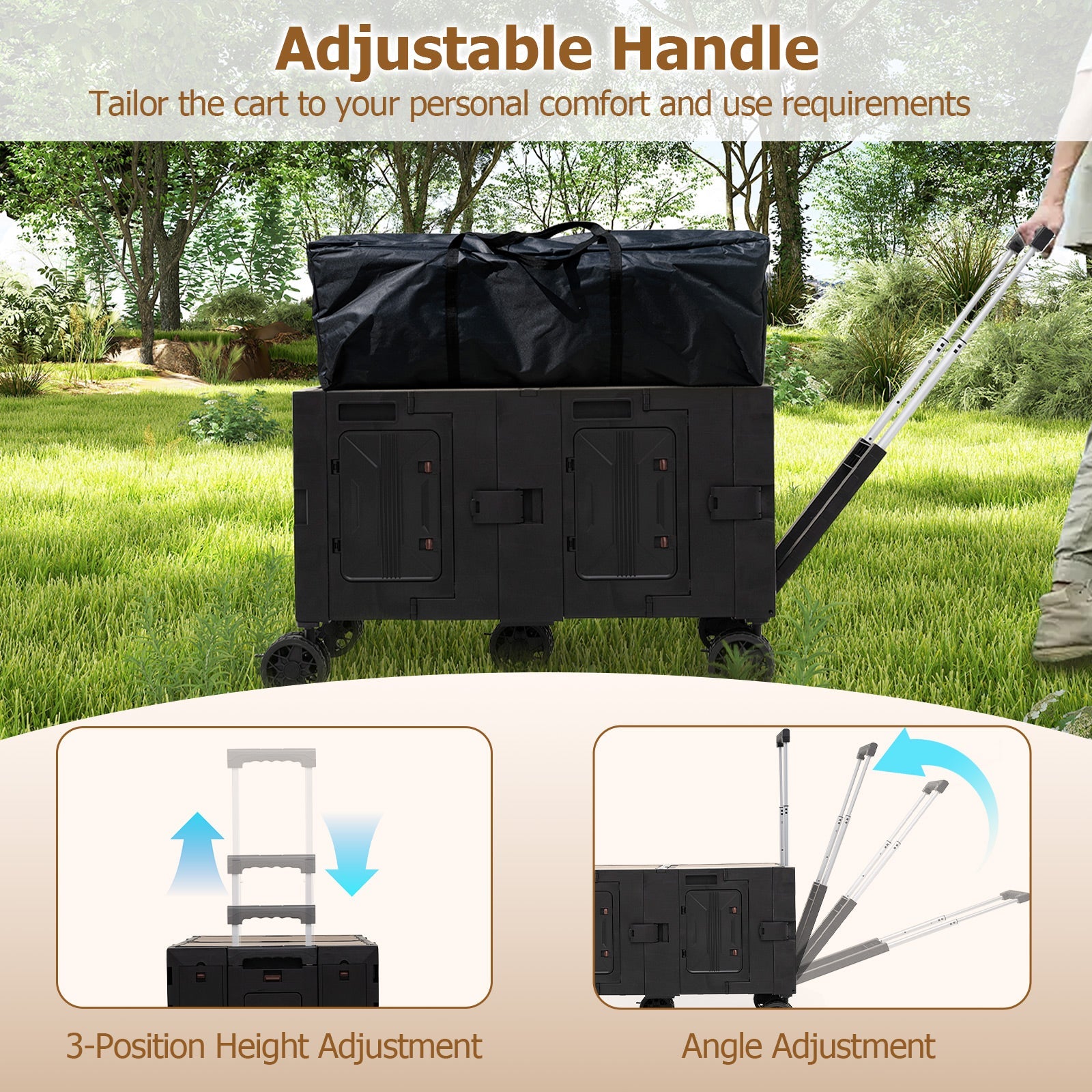 Large Foldable Utility Cart with 2-Tier Storage Crates and Telescoping Handle - Energize Trek