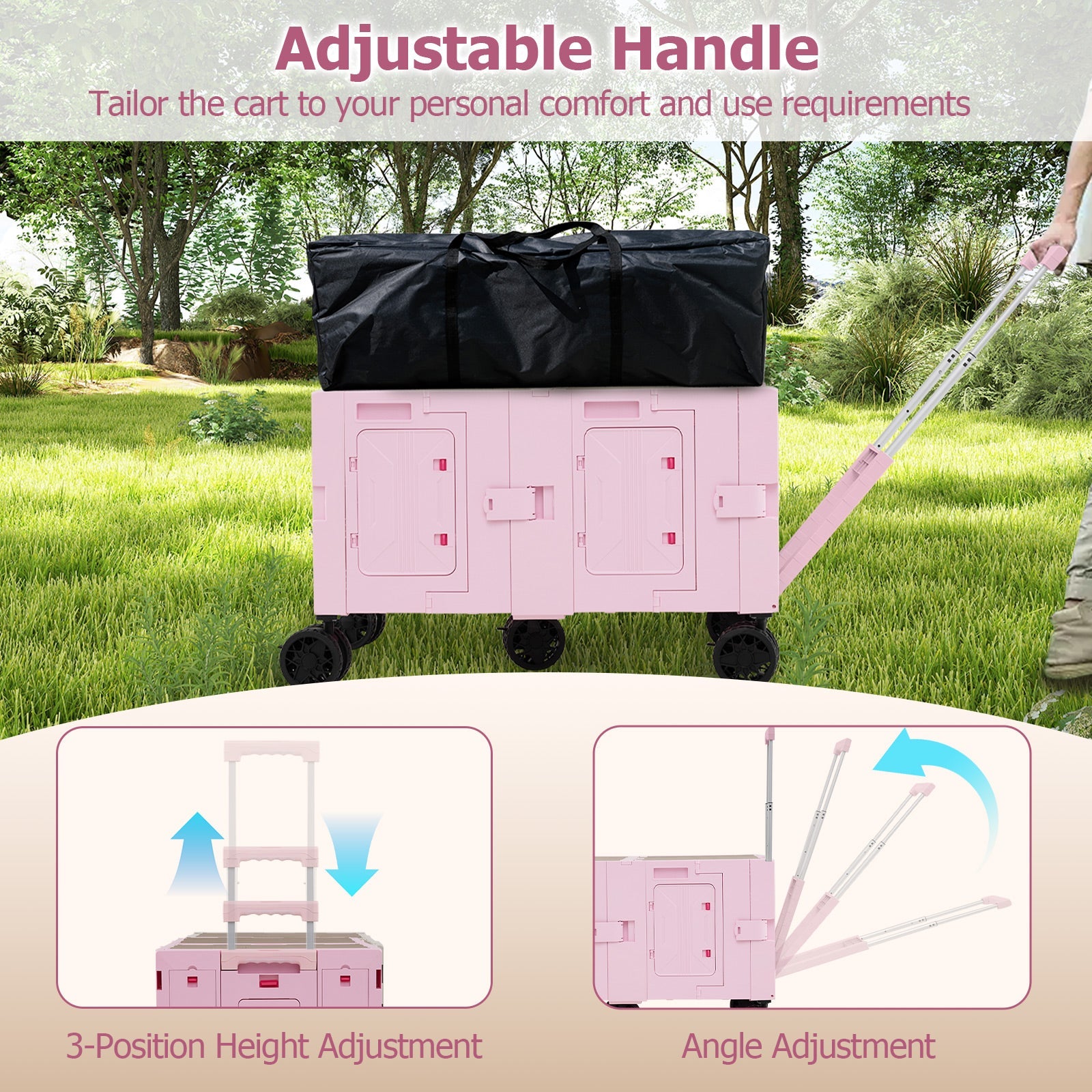 Large Foldable Utility Cart with 2-Tier Storage Crates and Telescoping Handle - Energize Trek