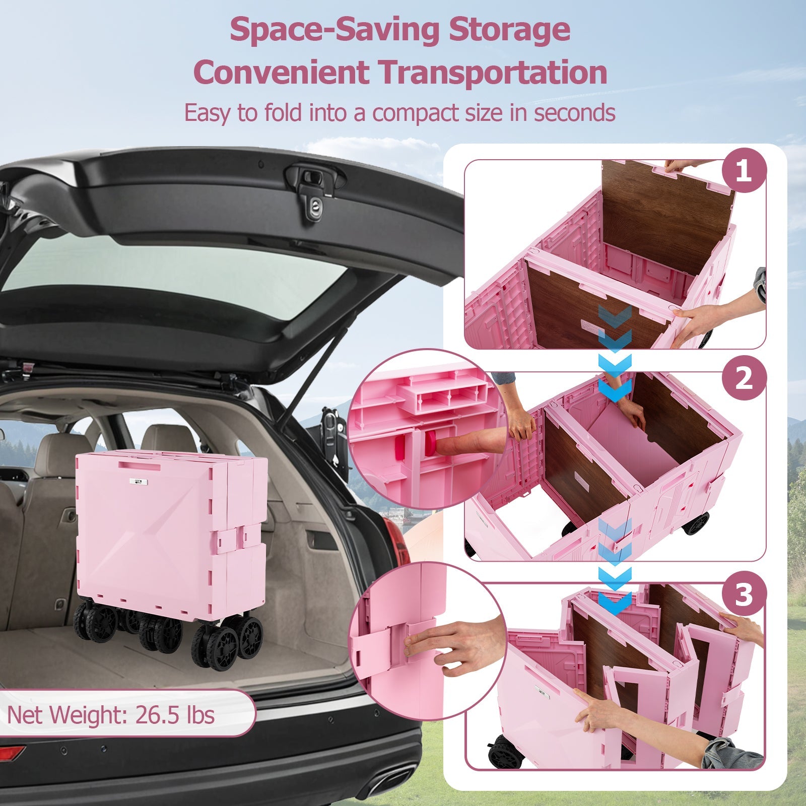 Large Foldable Utility Cart with 2-Tier Storage Crates and Telescoping Handle - Energize Trek