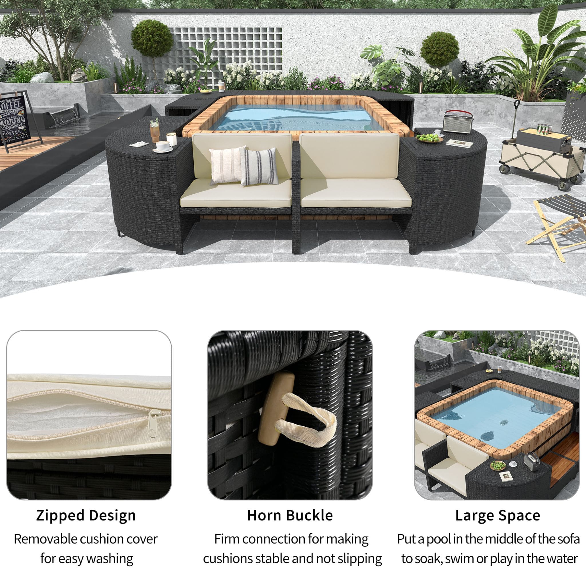 Large Outdoor Quadrilateral Spa Surround Rattan Sectional Sofa Set With Storage Compartments (SAK80217) - Energize Trek